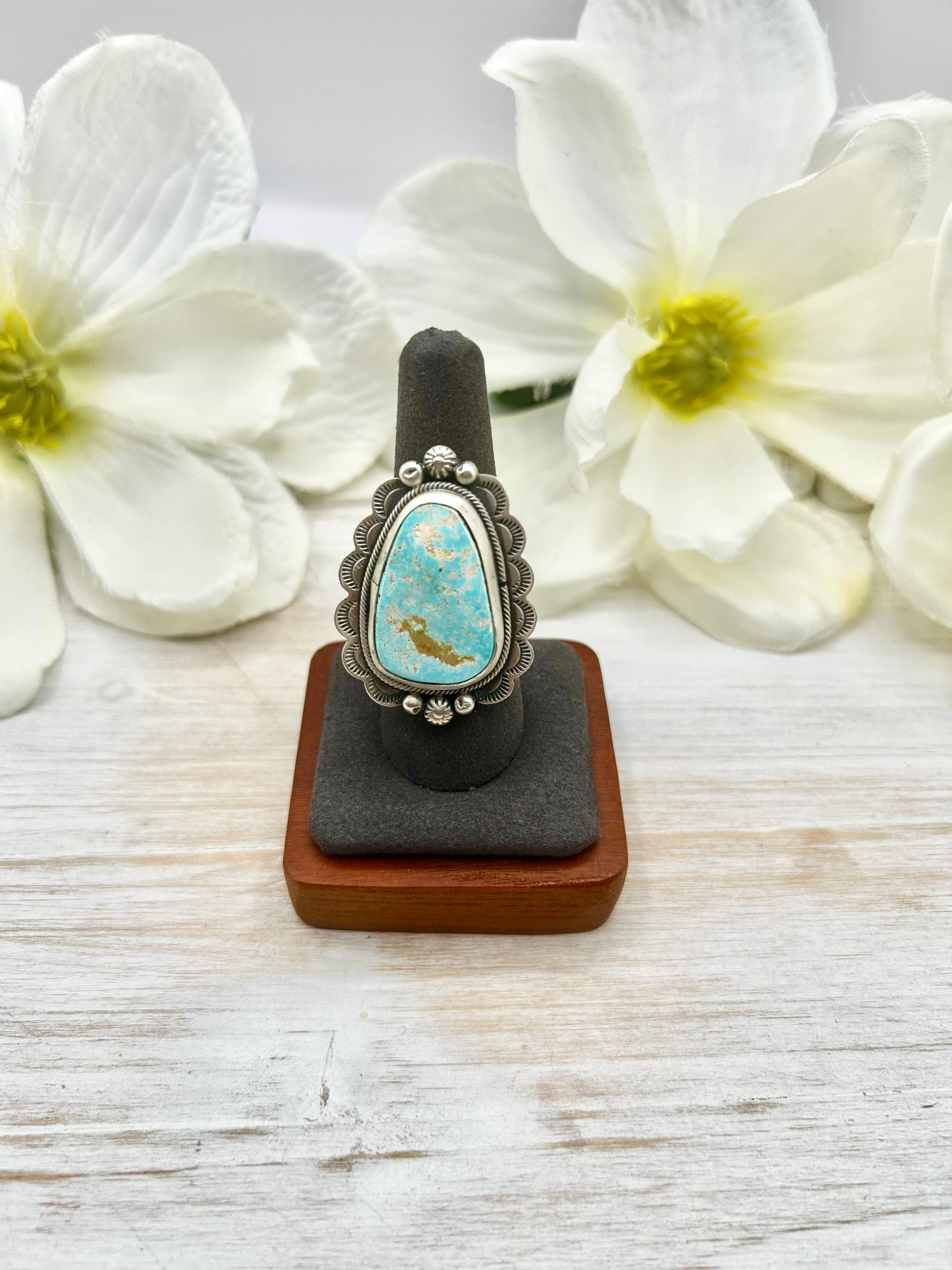 Navajo Made Natural Royston Turquoise & Sterling Silver Ring Size 7.75
