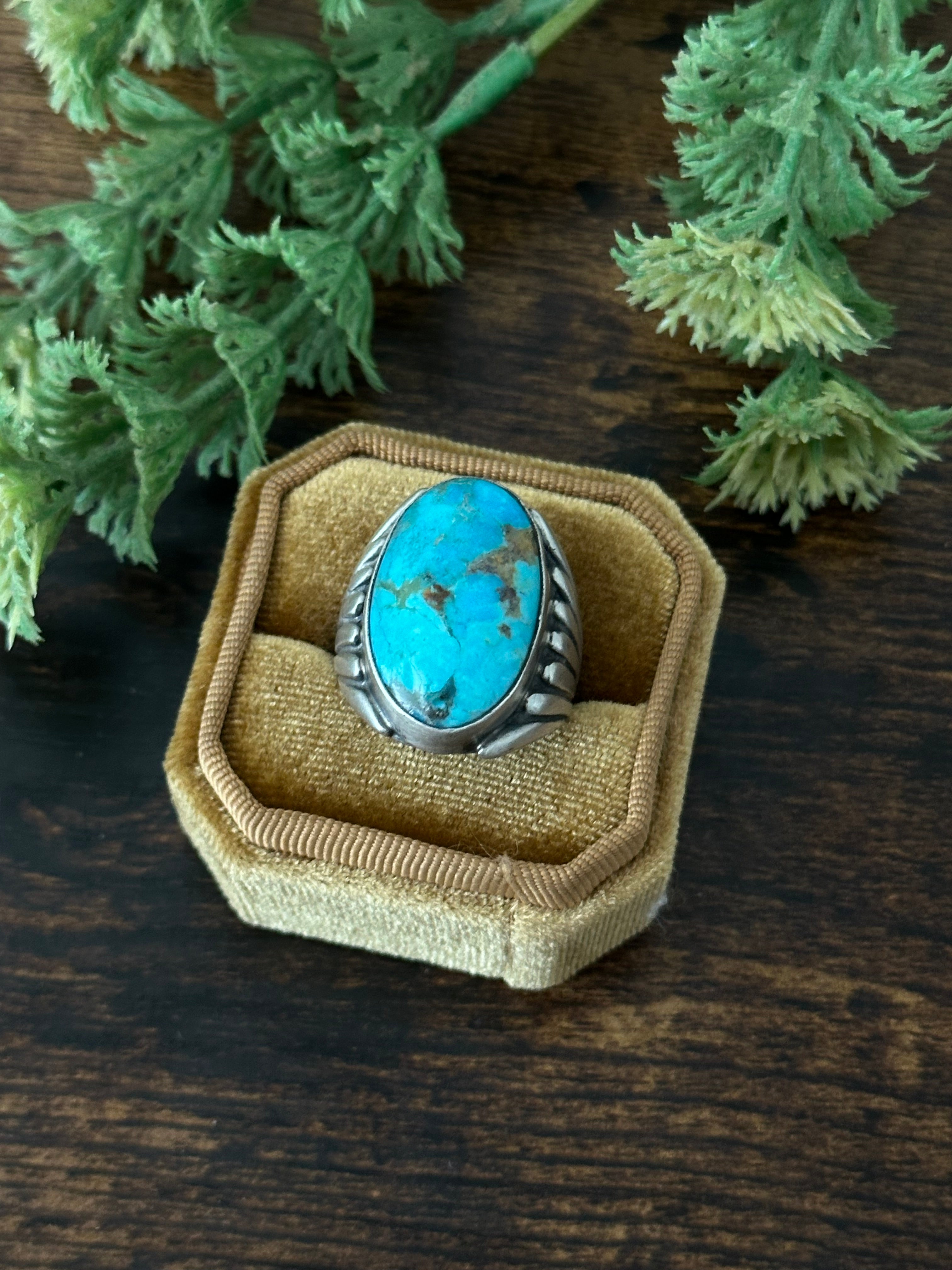 Navajo Made Kingman Turquoise & Sterling Silver Ring Size 8.75