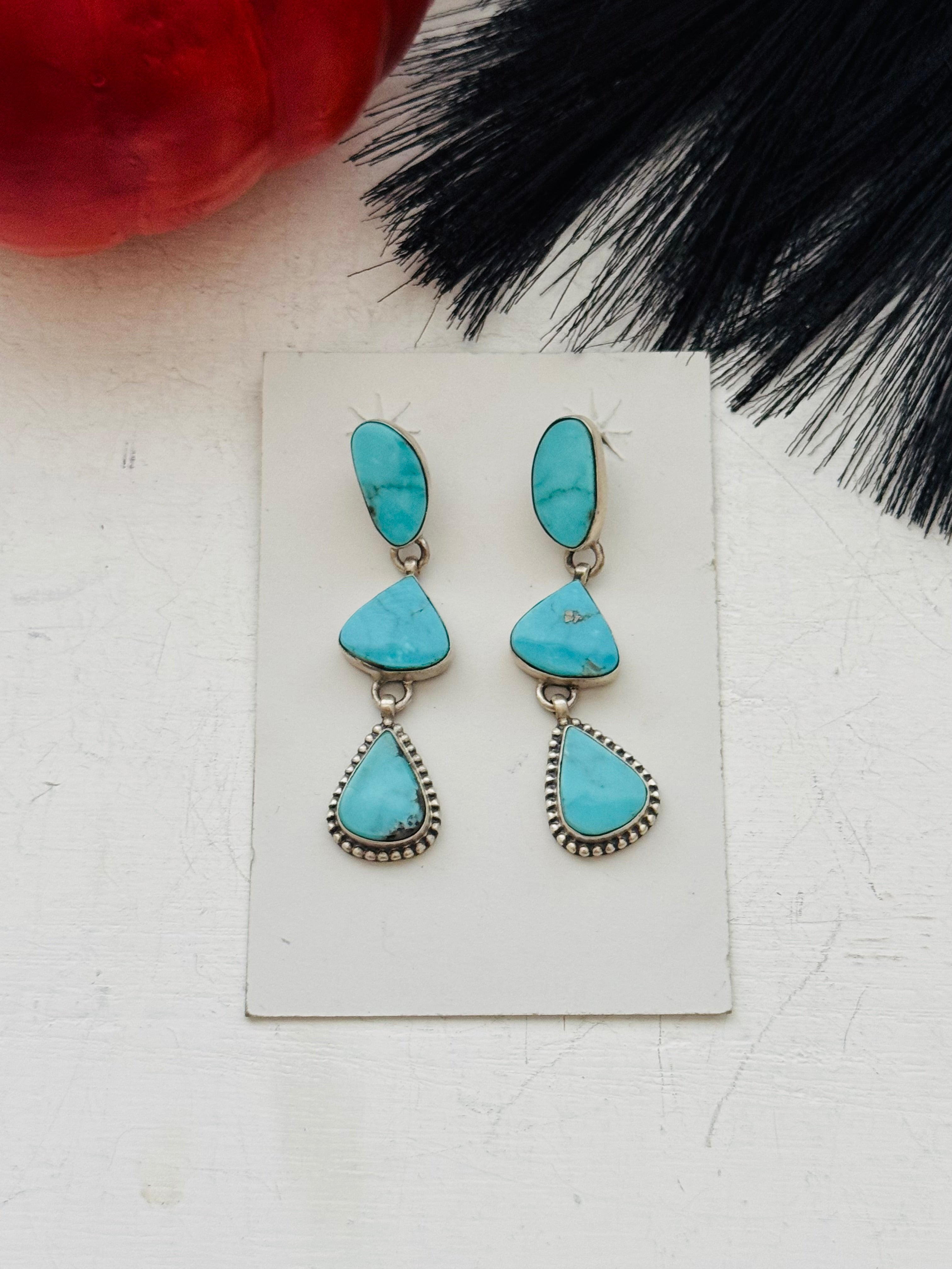 Southwest Handmade Kingman Turquoise & Sterling Silver Post Dangle Earrings