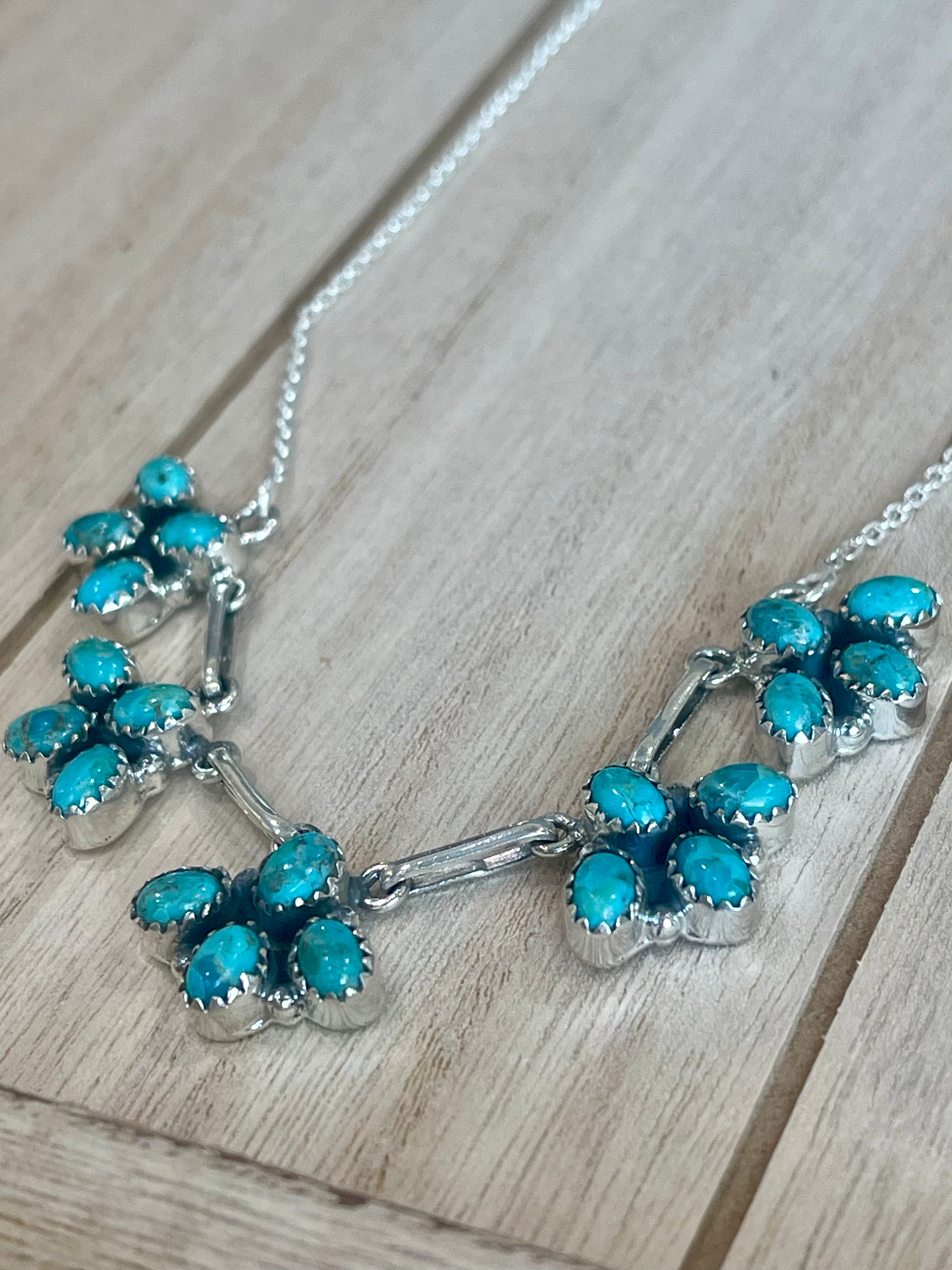 Southwest Handmade Kingman Turquoise & Sterling Silver Cluster  Necklace