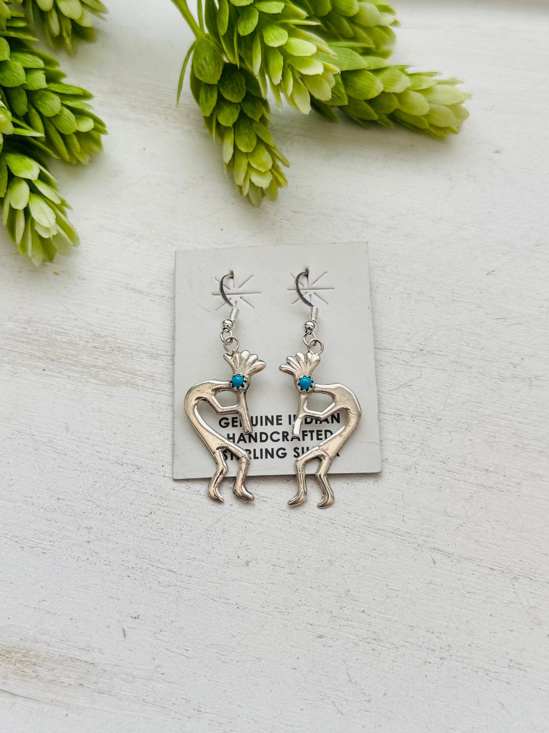 Navajo Made Kingman Turquoise & Sterling Silver Kokopelli Dangle Earrings