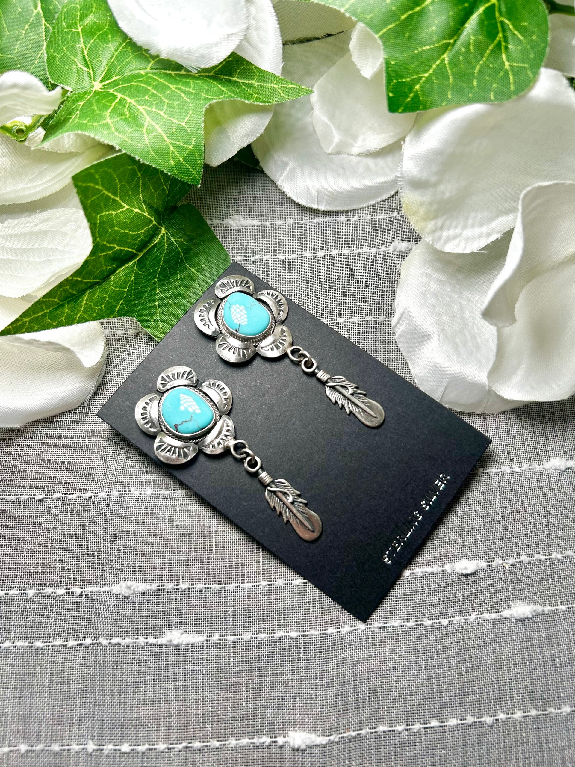 Navajo Made Egyptian Turquoise & Sterling Silver Post Dangle Earrings