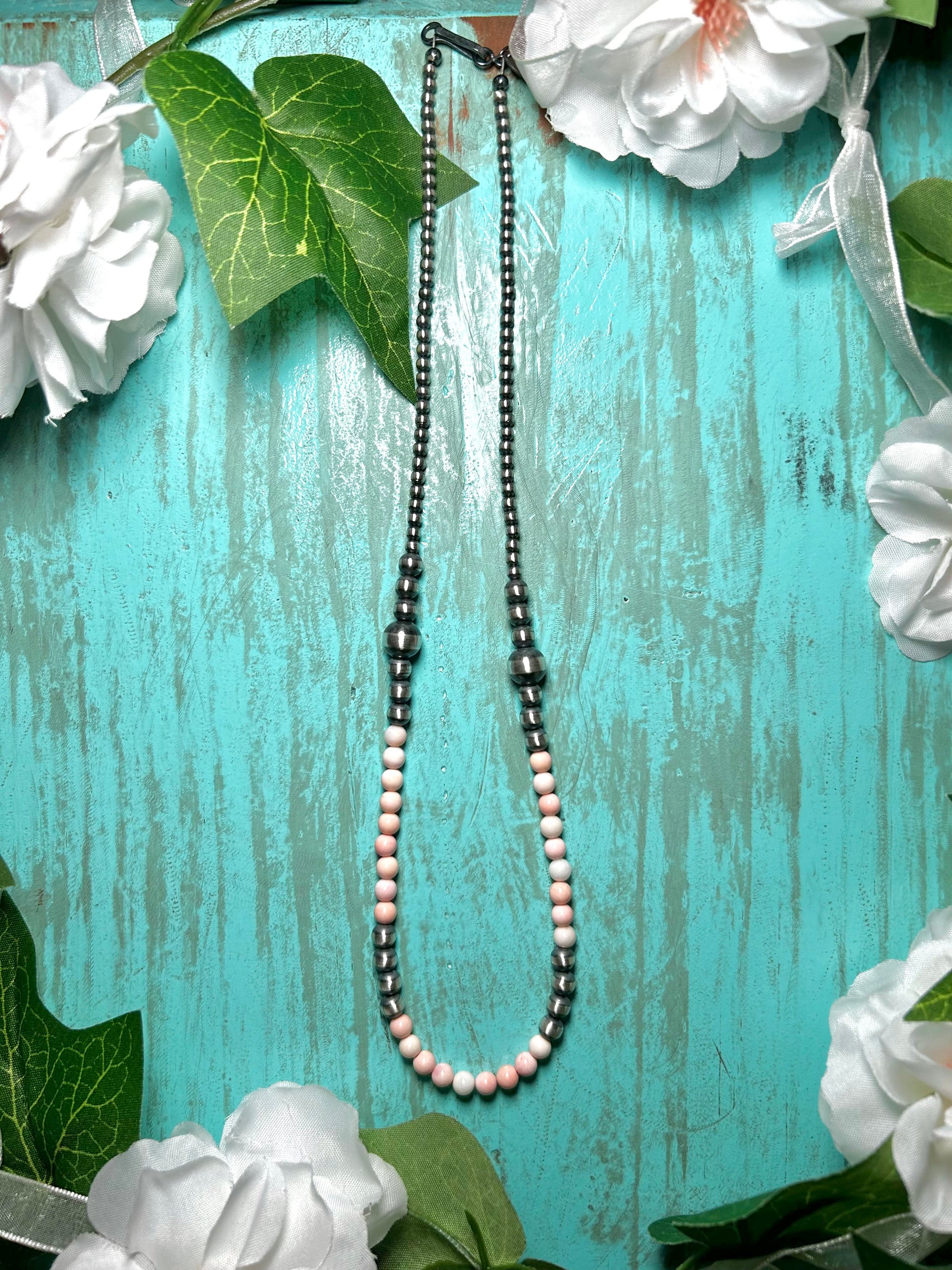 Navajo Made Strung Pink Conch  & Sterling Silver Necklace