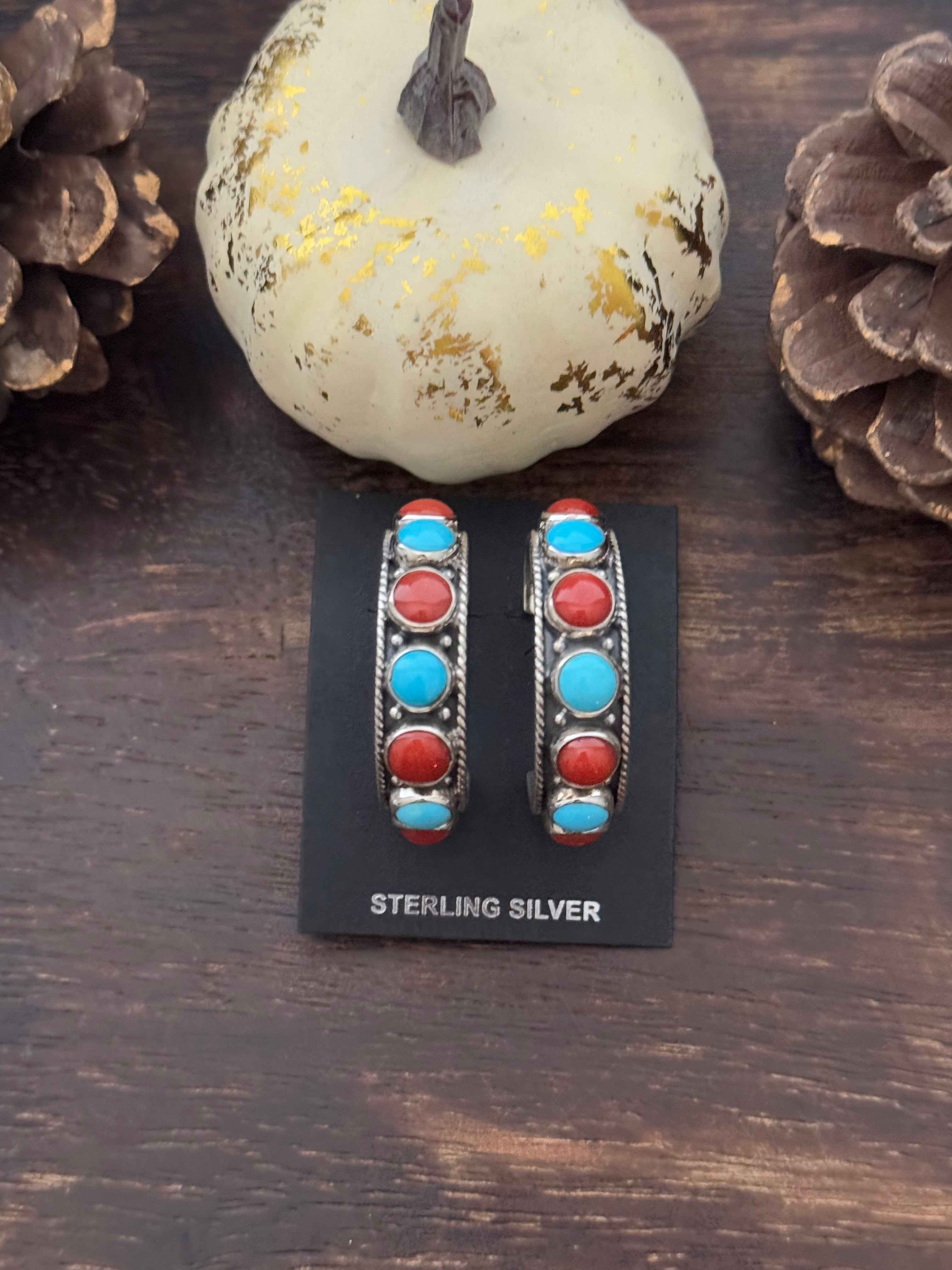 Navajo Made Multi Stone & Sterling Silver Hoop Earrings