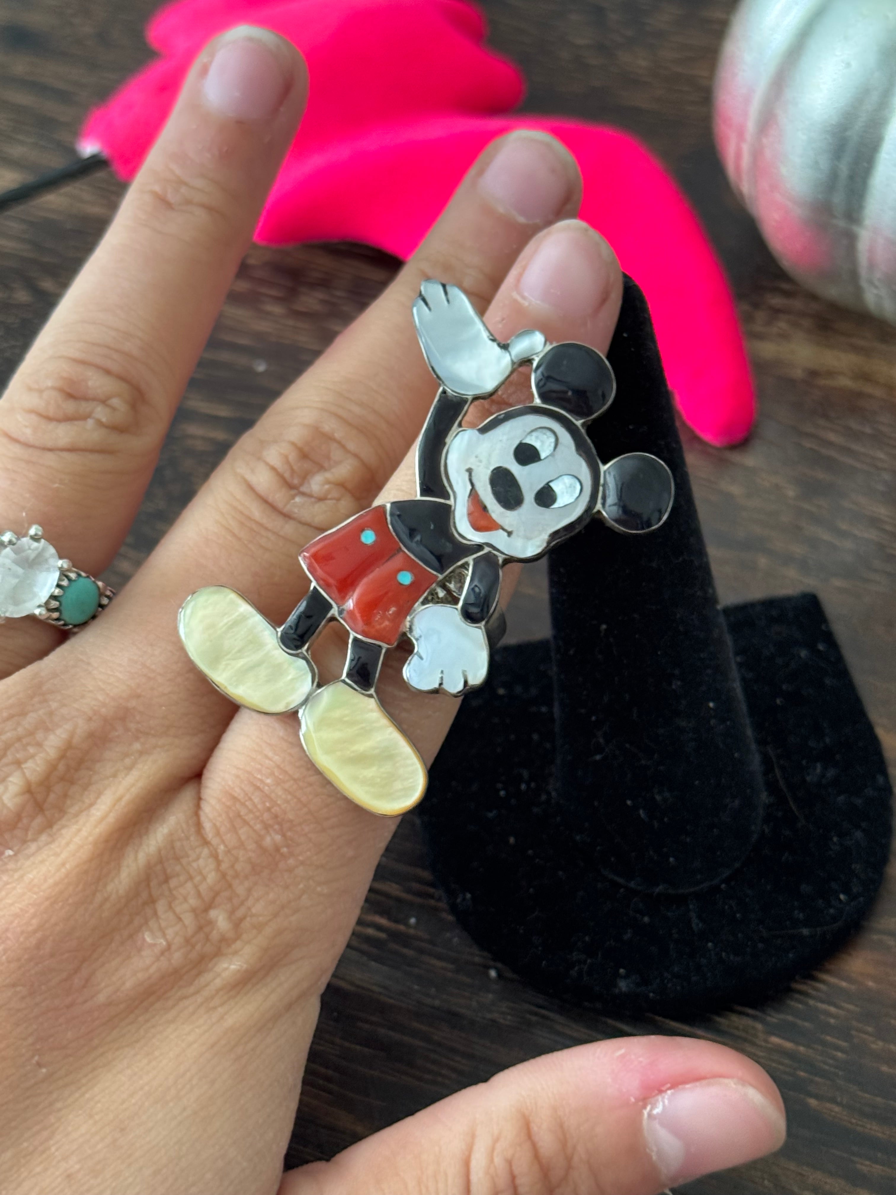 Zuni Made Multi Stone & Sterling Silver Mickey Mouse Inlay Ring Size 5.75