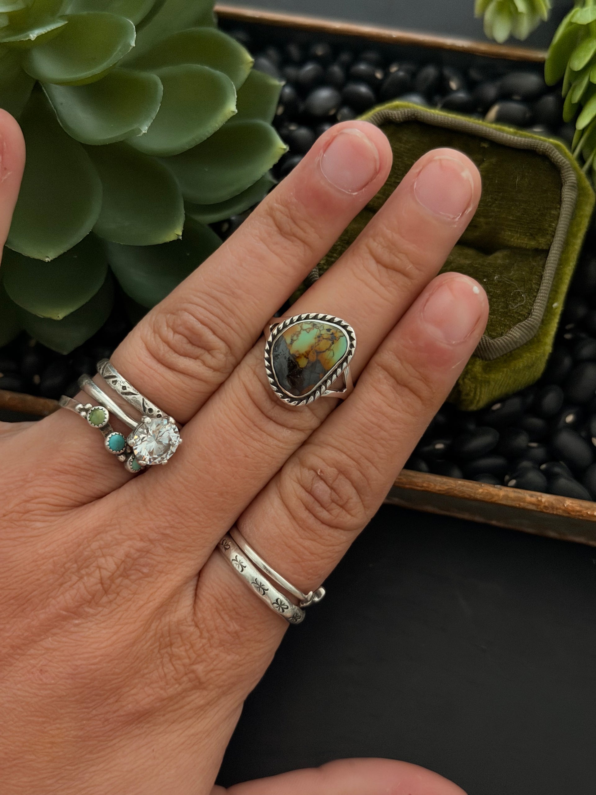 Navajo Made Black Jack Turquoise & Sterling Silver Ring Size 6.5