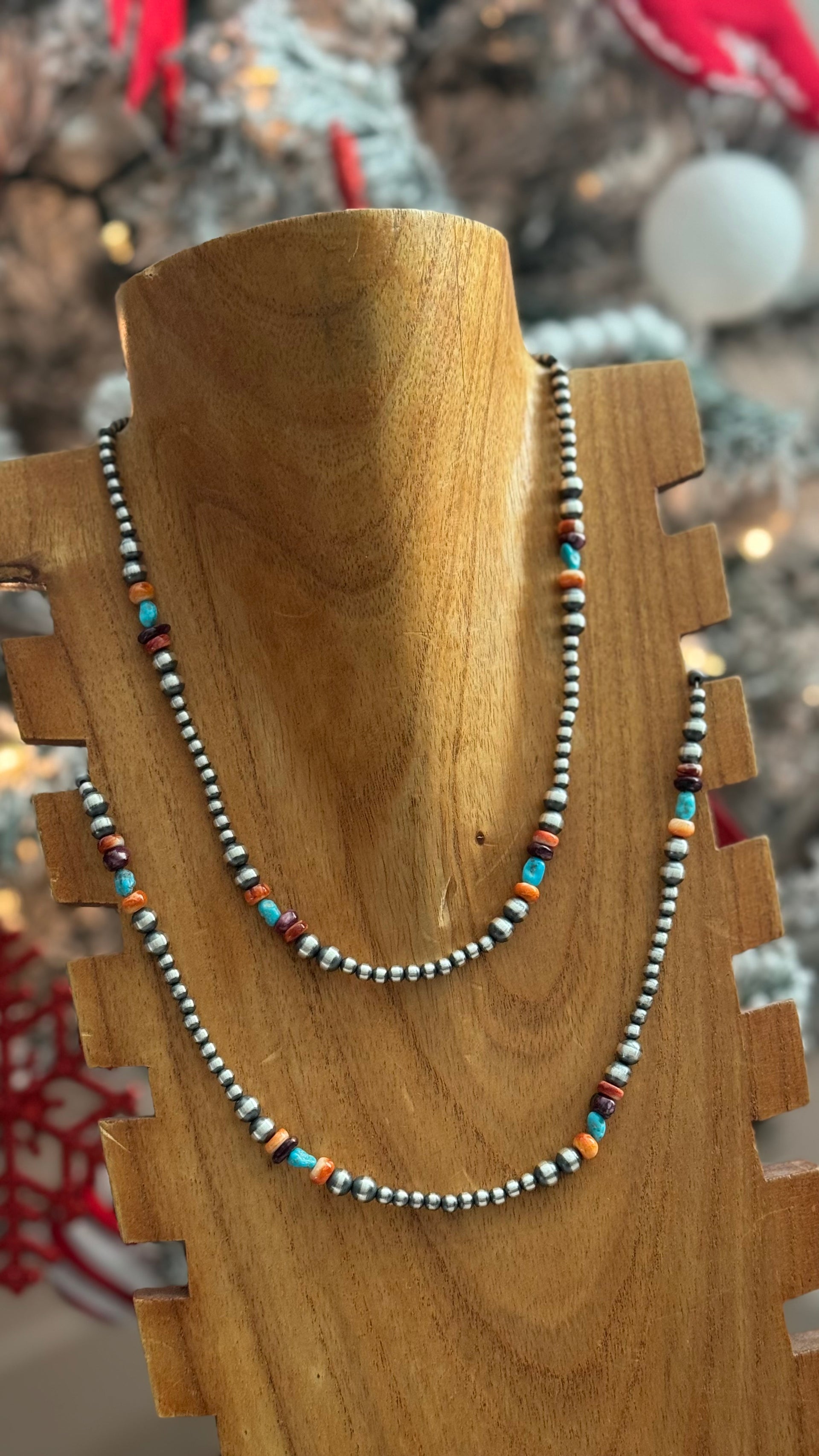 Navajo Strung Multi Stone & Sterling Silver Graduated Pearl Necklace