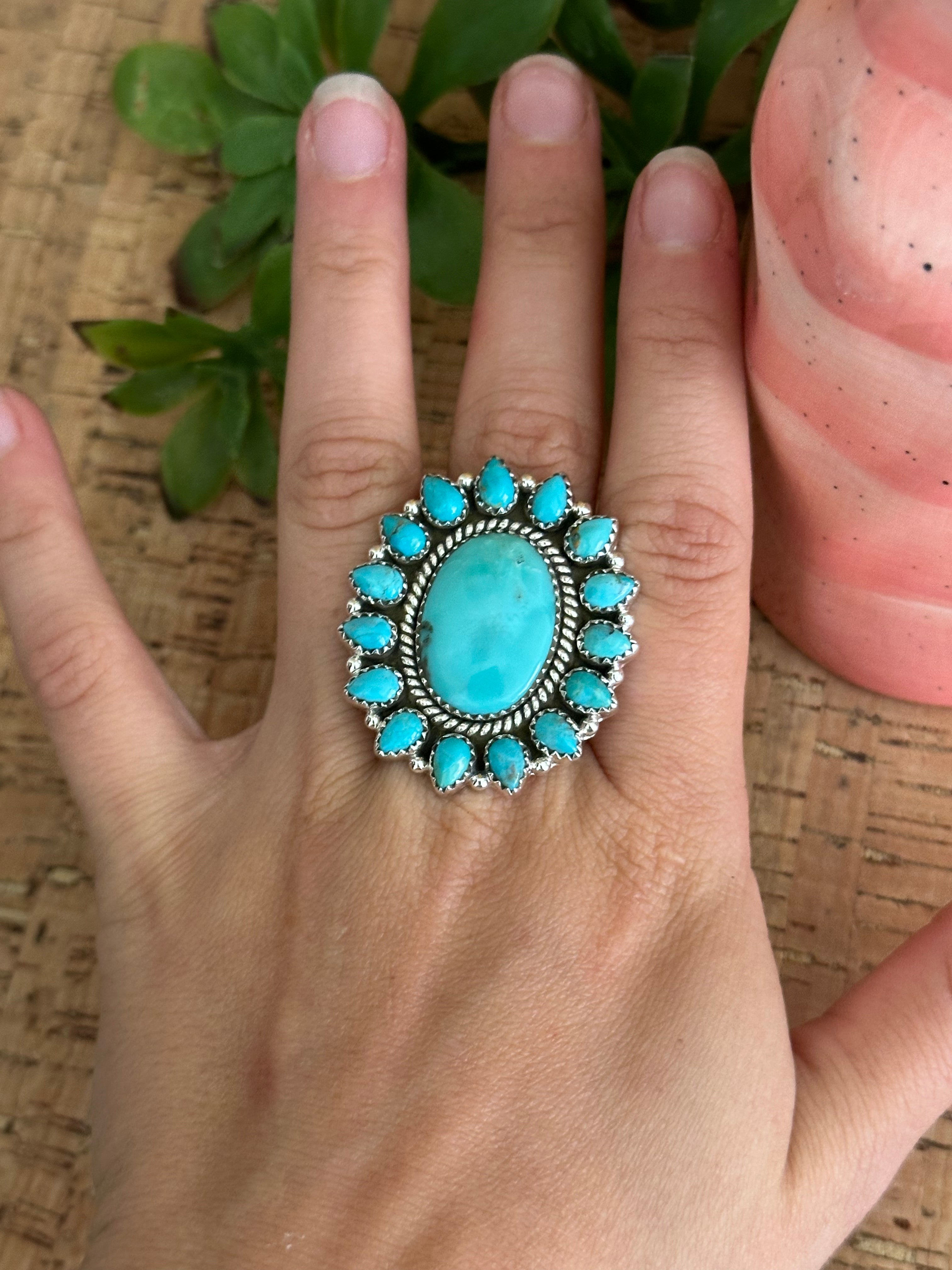 Southwest Handmade Kingman Turquoise & Sterling Silver Adjustable Cluster Ring