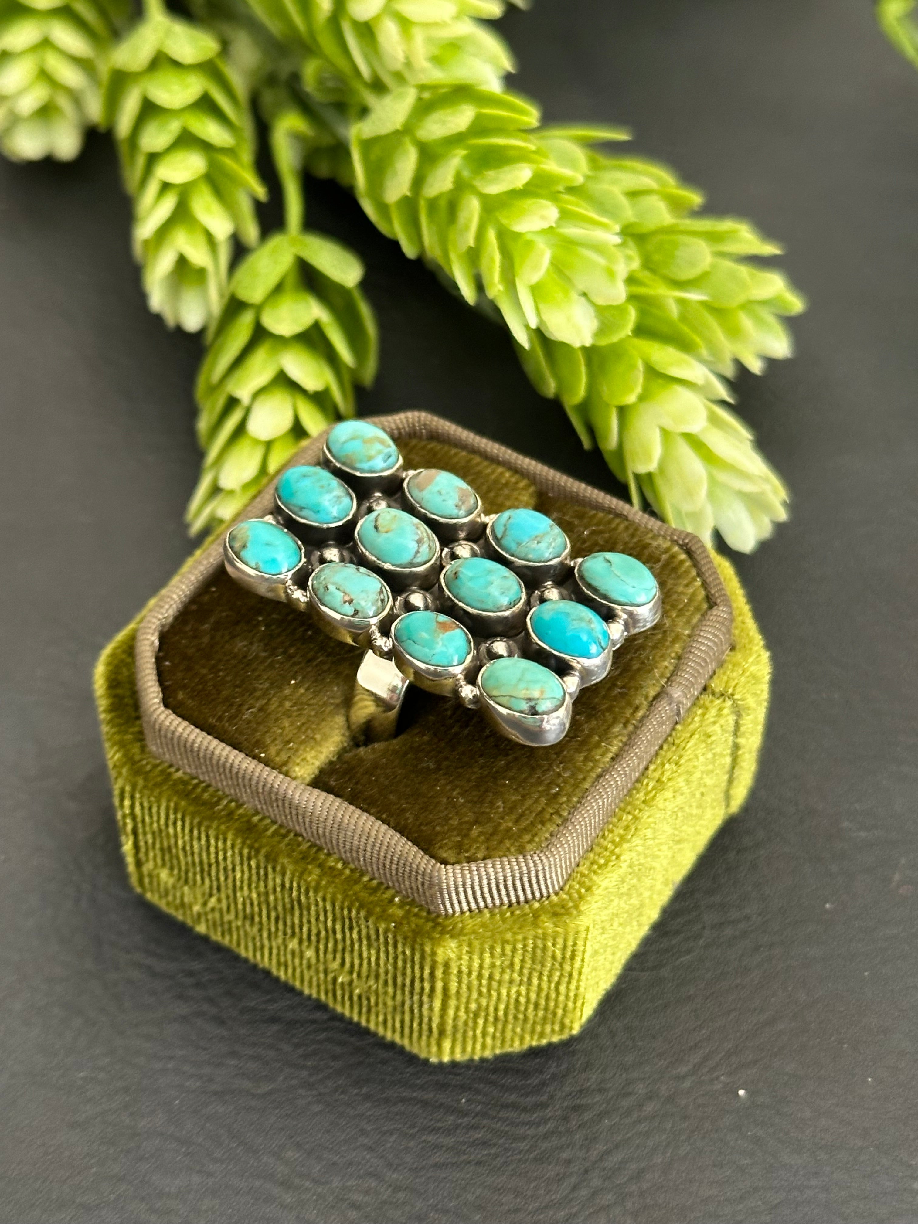 Southwest Handmade Kingman Turquoise & Sterling Silver Adjustable Cluster Ring