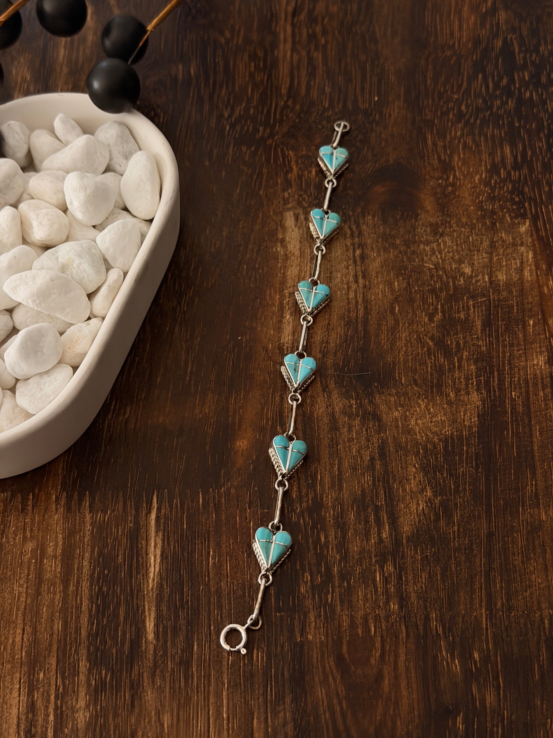 Velda Nastacio Kingman Turquoise & Sterling Silver Link Heart Bracelet