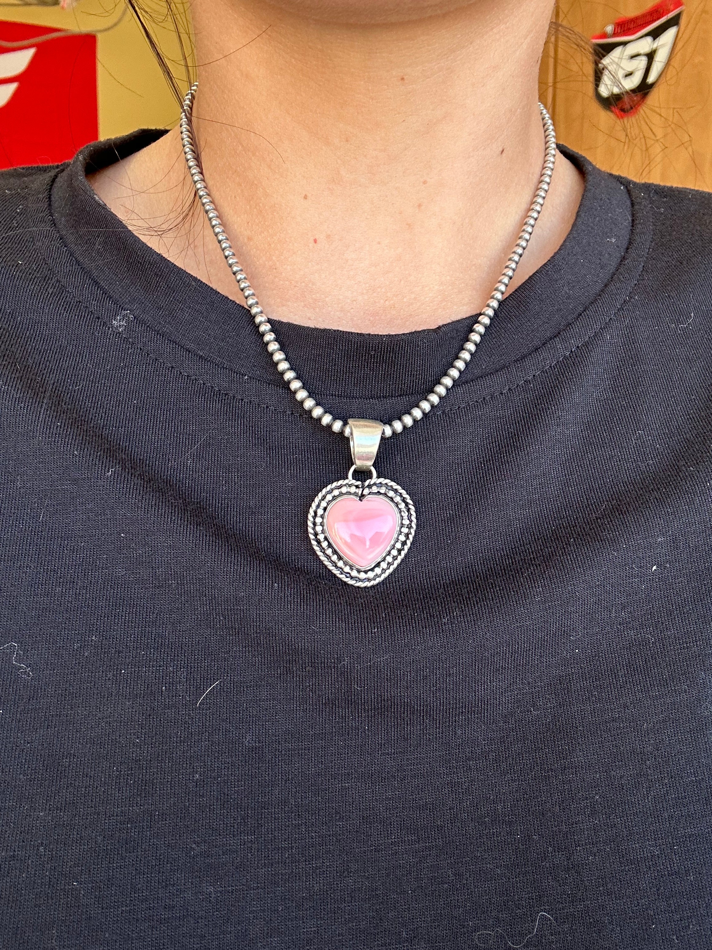 Navajo Made Pink Conch & Sterling Silver Heart Pendant