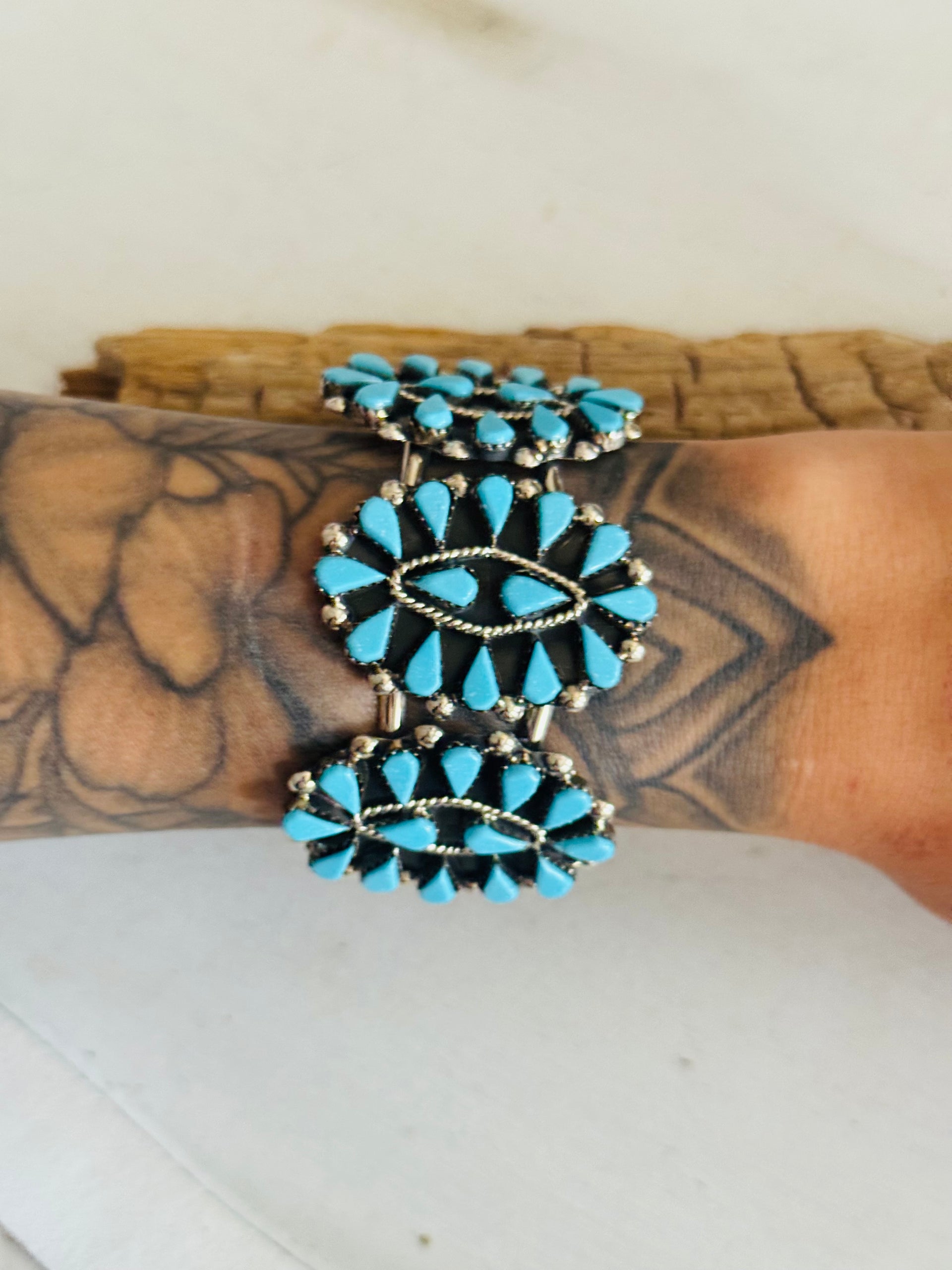 Zuni Made Kingman Turquoise & Sterling Silver Petite Cluster Cuff Bracelet