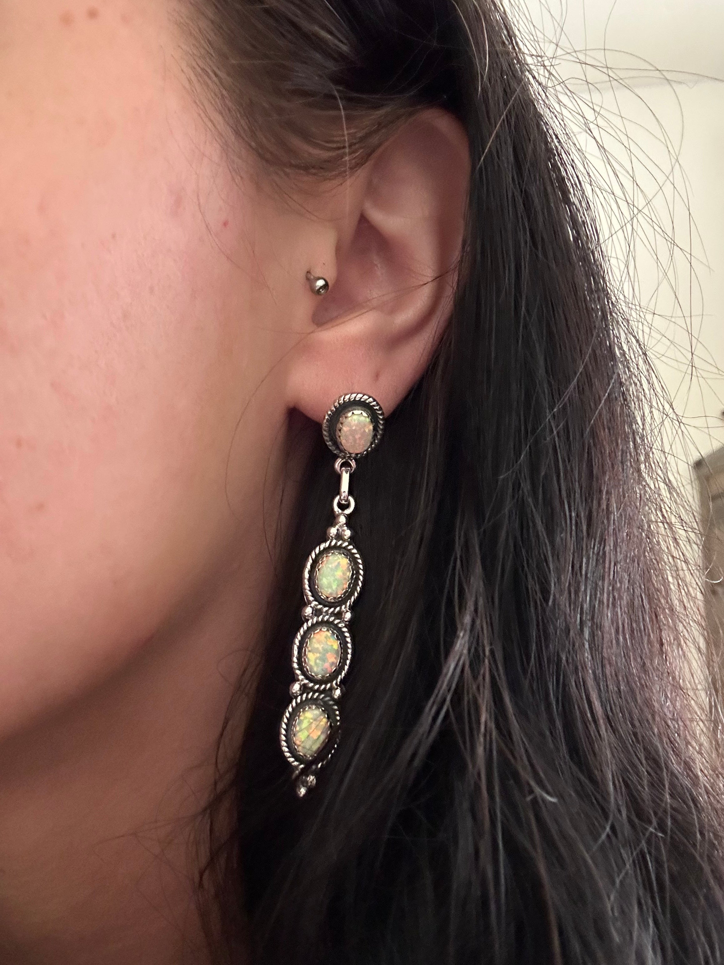 Southwest Handmade Opal & Sterling Silver Post Dangle Earrings