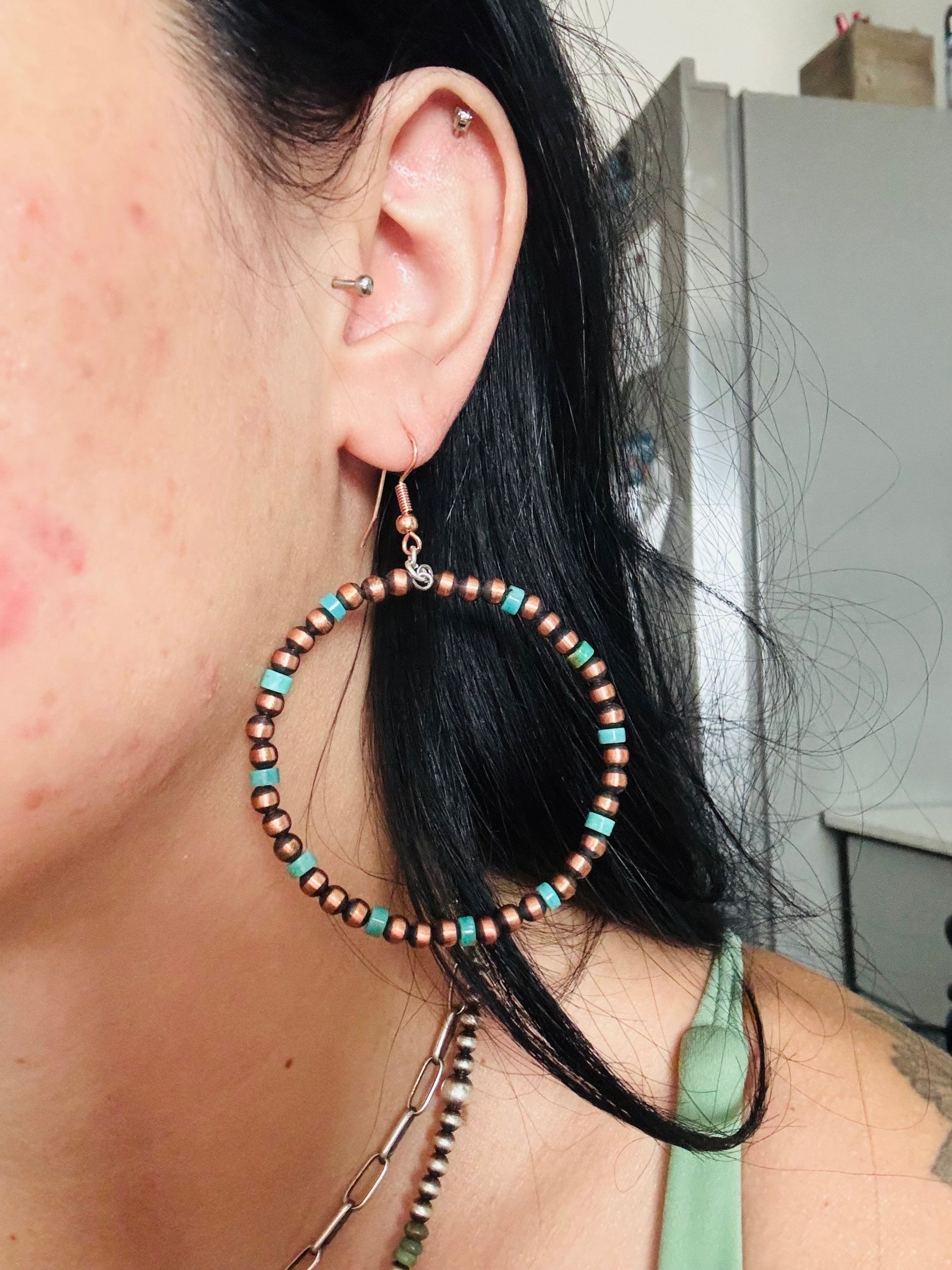 Navajo Strung Turquoise & Copper Pearls Dangle Earrings