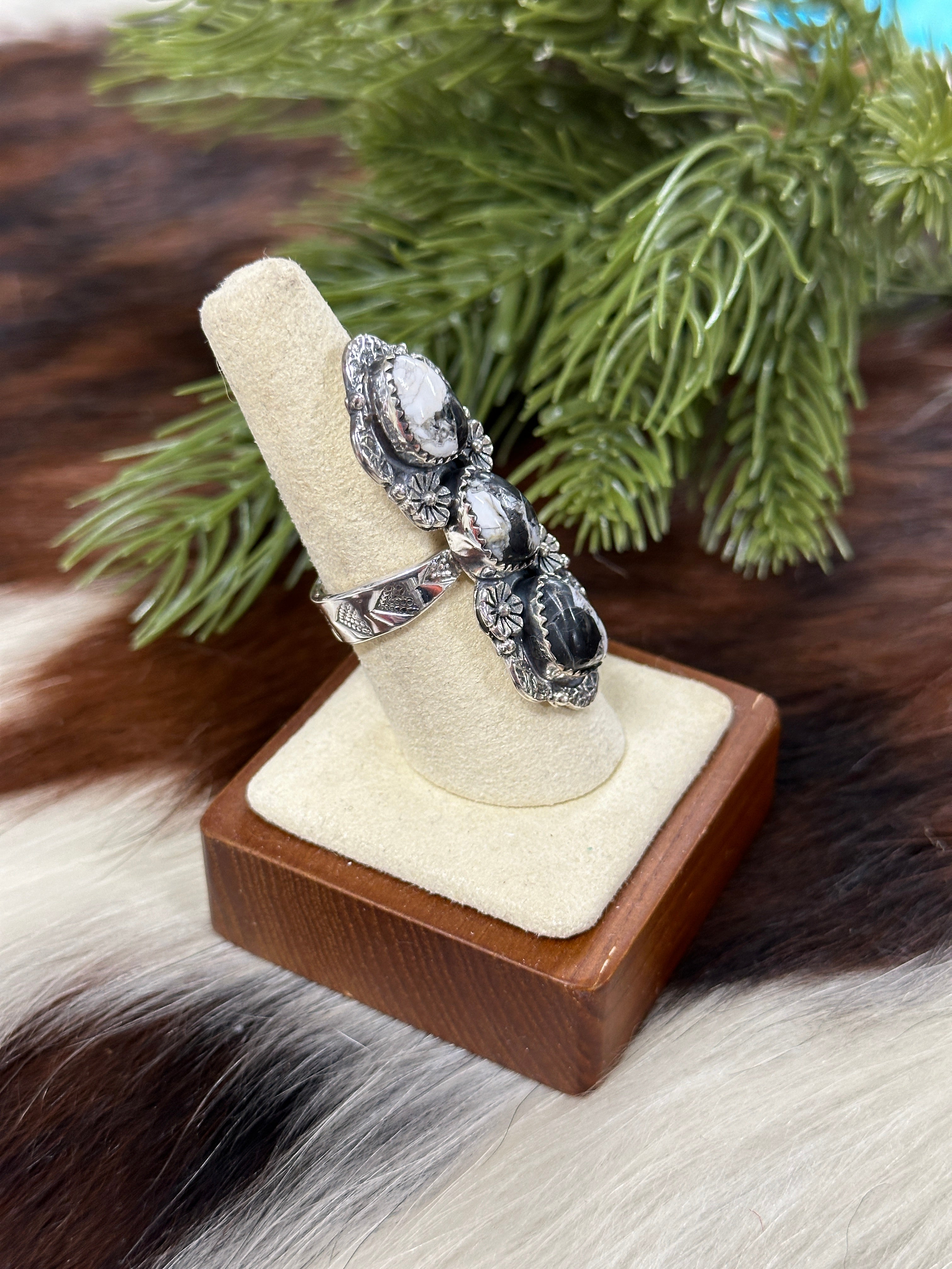 Southwest Handmade White Buffalo & Sterling Silver Cluster Adjustable Rings