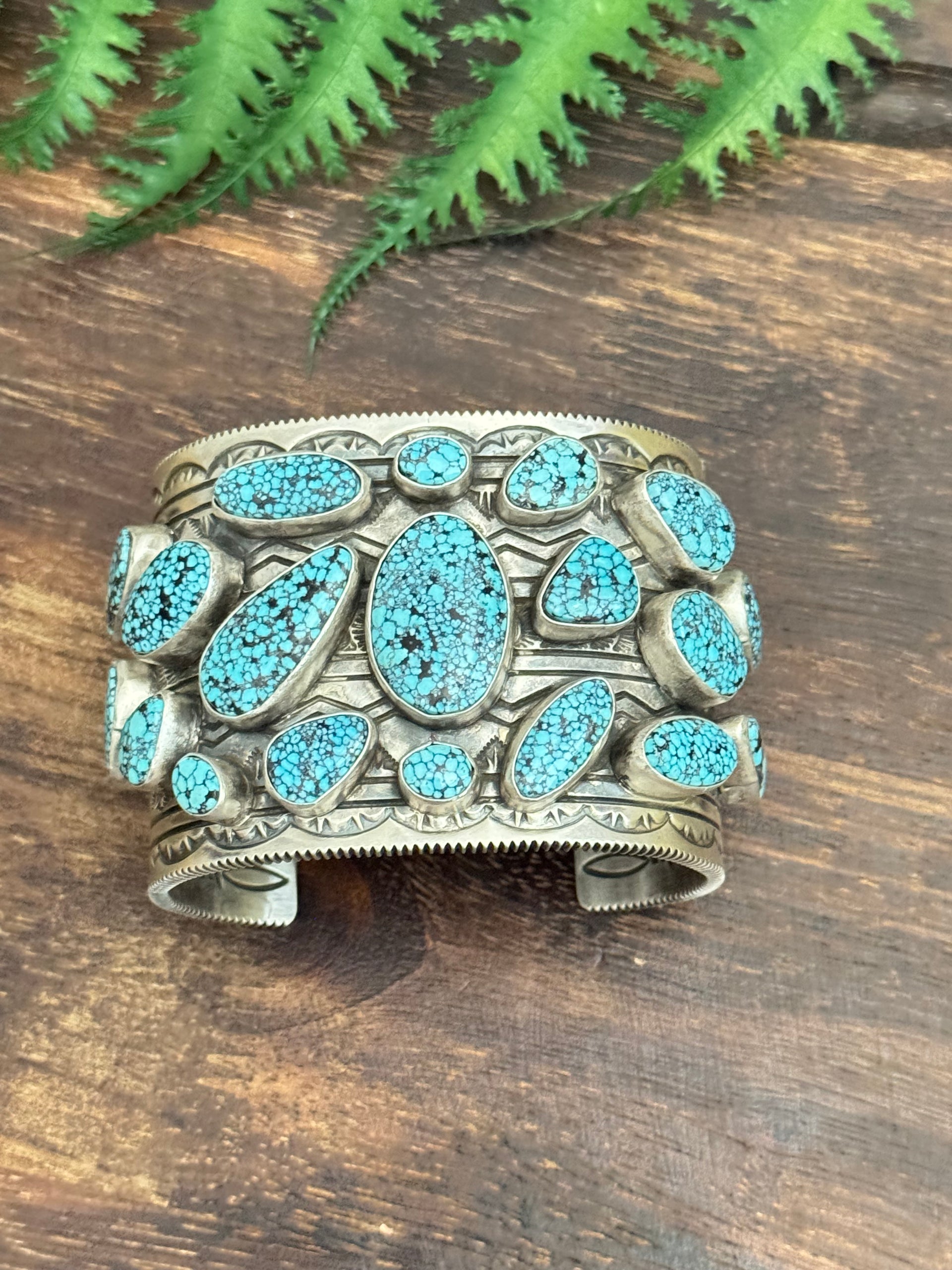 Charles Johnson Natural Black Spiderweb Turquoise & Sterling Silver Cluster Cuff Bracelet