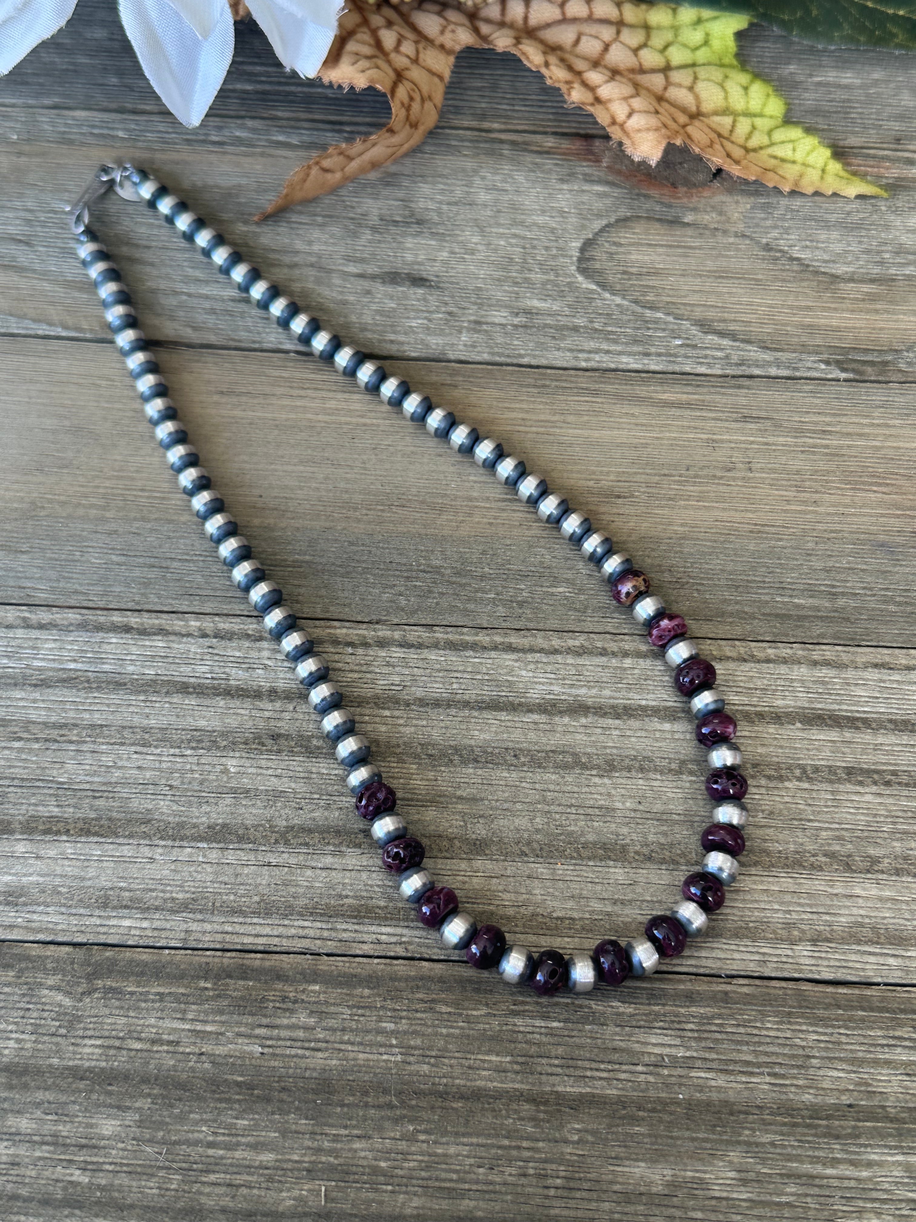 Navajo Strung Purple Spiny Oyster & Sterling Silver Pearls Beaded Necklace
