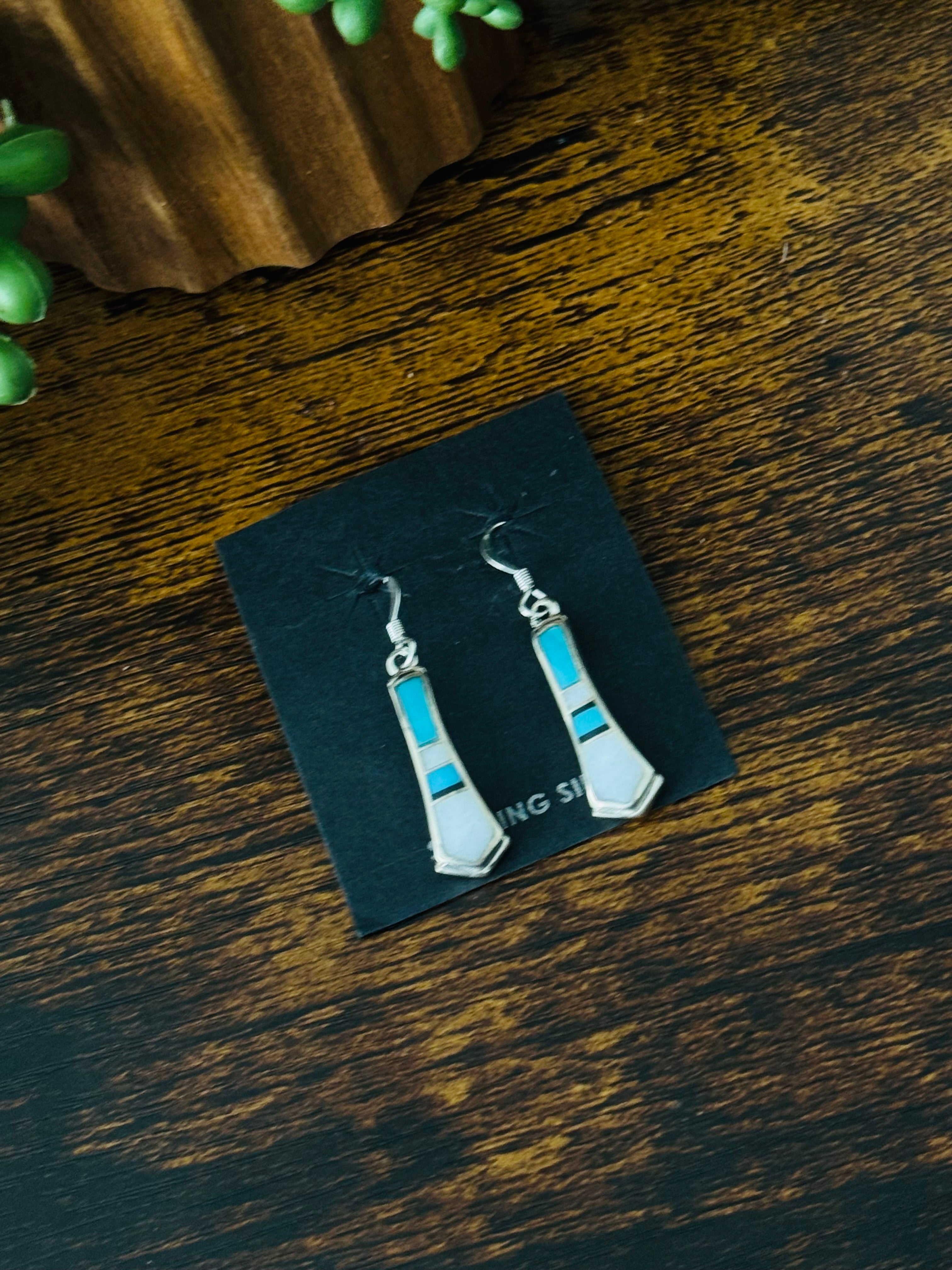 Navajo Made Multi Stone & Sterling Silver Inlay Dangle Earrings