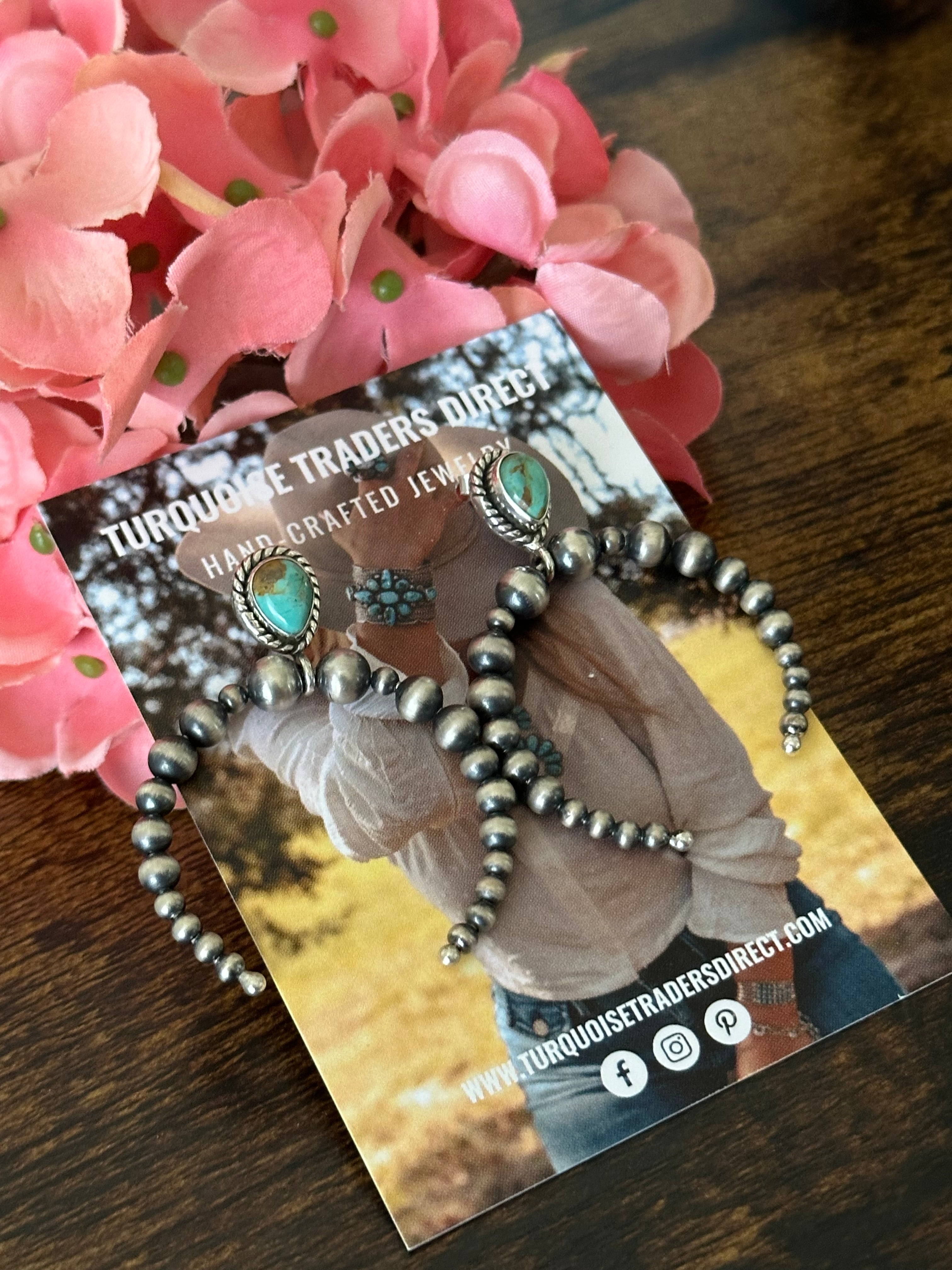 Southwest Handmade Kingman Turquoise & Sterling Silver Pearls Post Dangle Naja Earrings