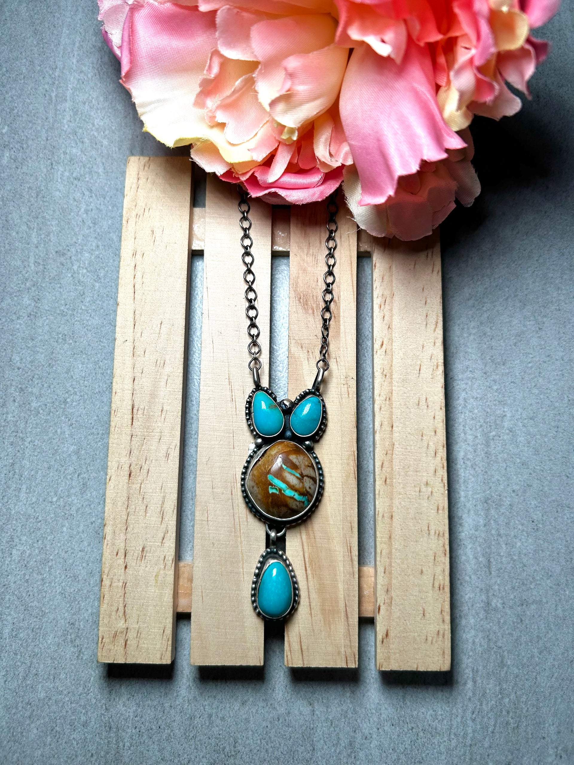 Navajo Made Mixed Turquoise & Sterling Silver Cluster Necklace