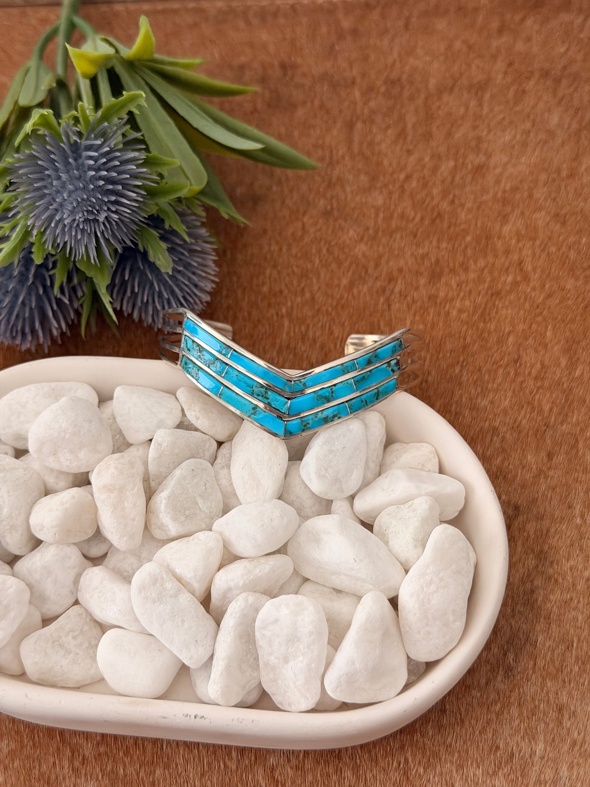 Navajo Made Kingman Turquoise & Sterling Silver Cobblestone Cuff Bracelet