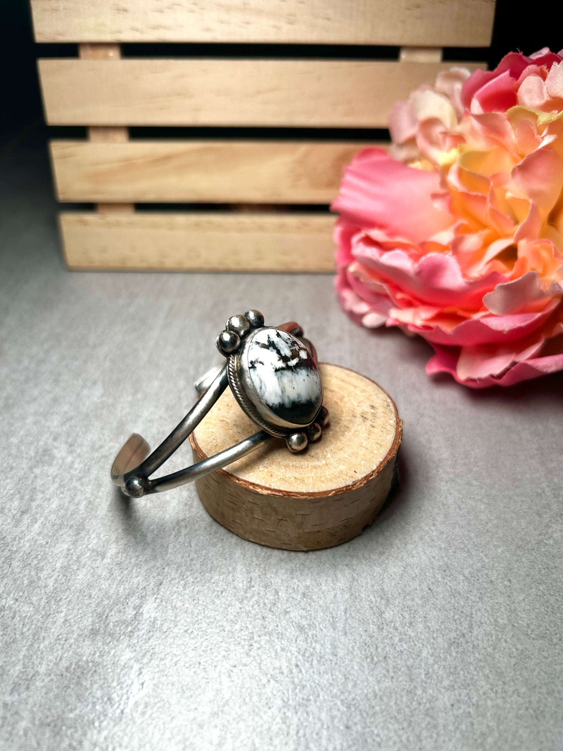 Navajo Made White Buffalo & Sterling Silver Cuff Bracelet