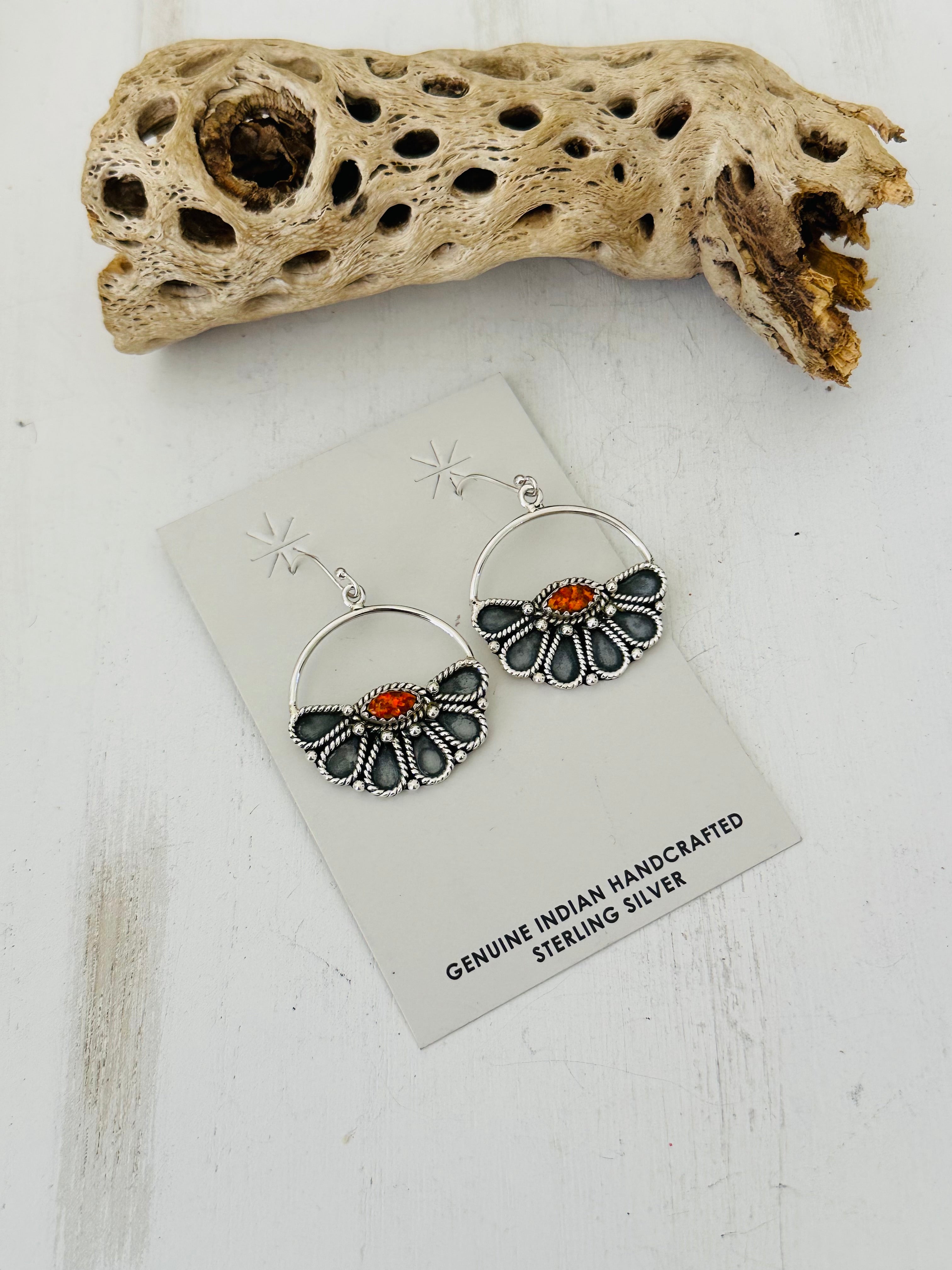 Southwest Handmade Orange Opal & Sterling Silver Half Flower Post Earrings