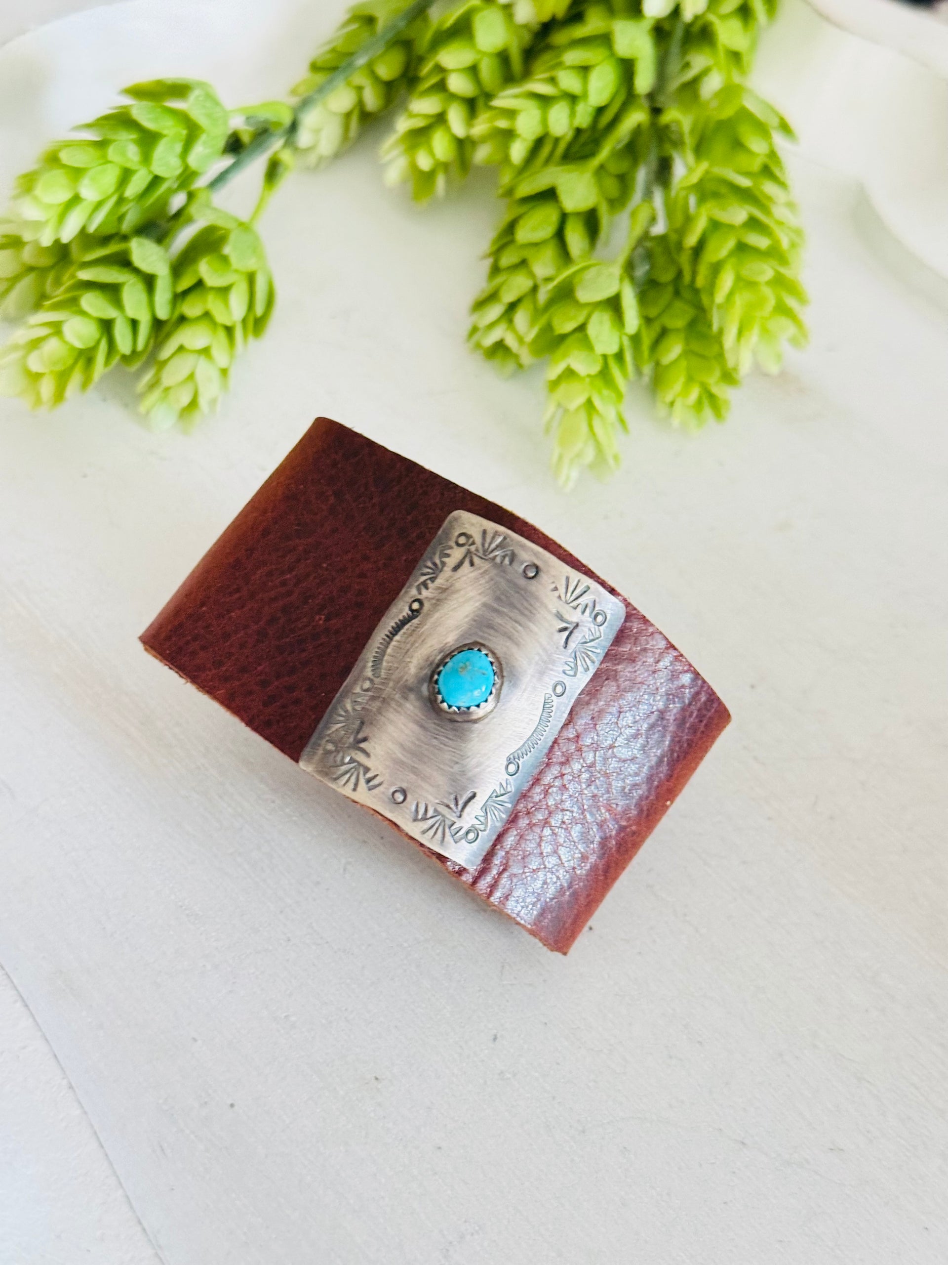 Navajo Made Kingman Turquoise & Sterling Silver Leather Bracelet