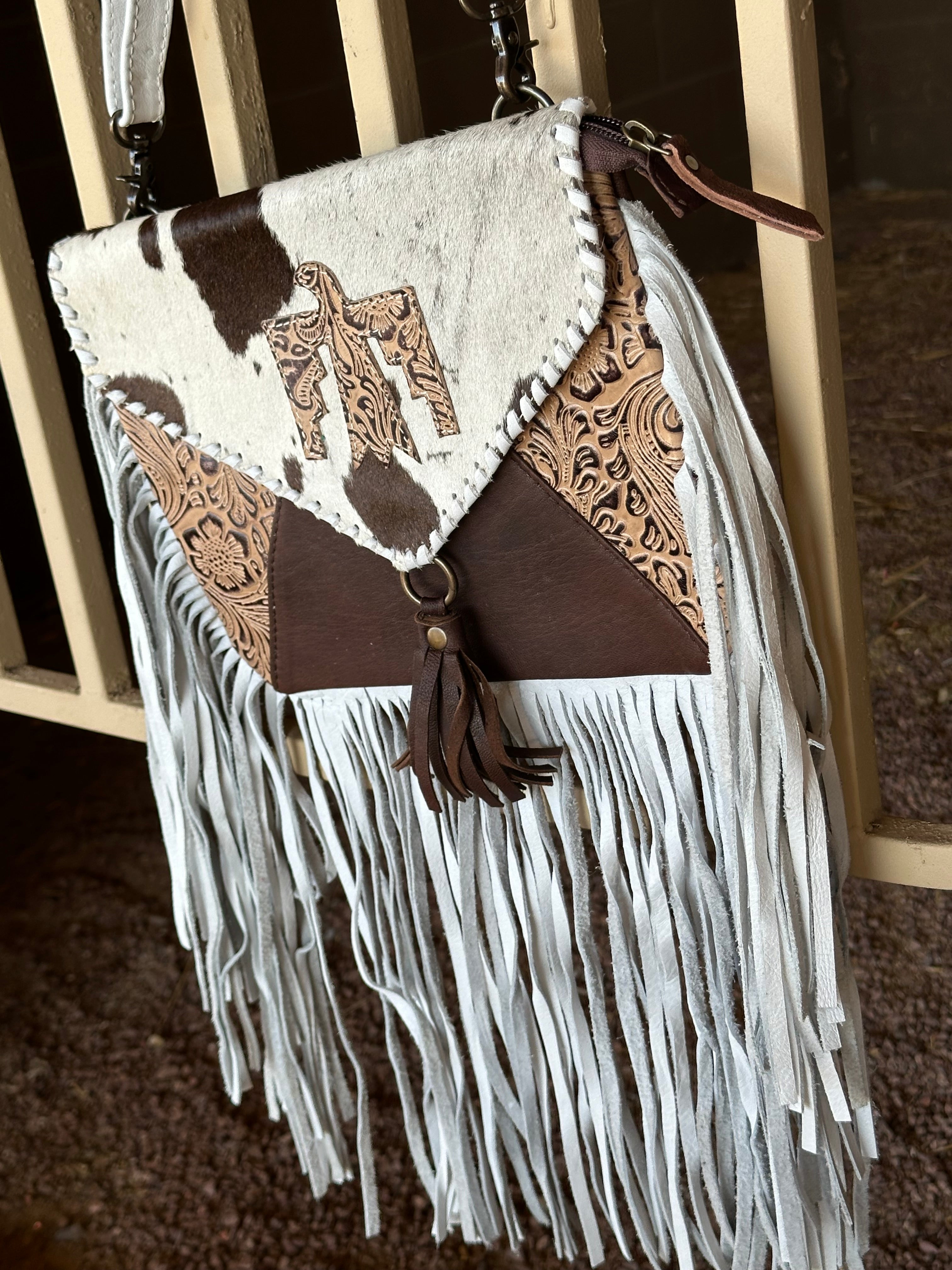 Genuine Tooled Leather & Cowhide Fringe Purse