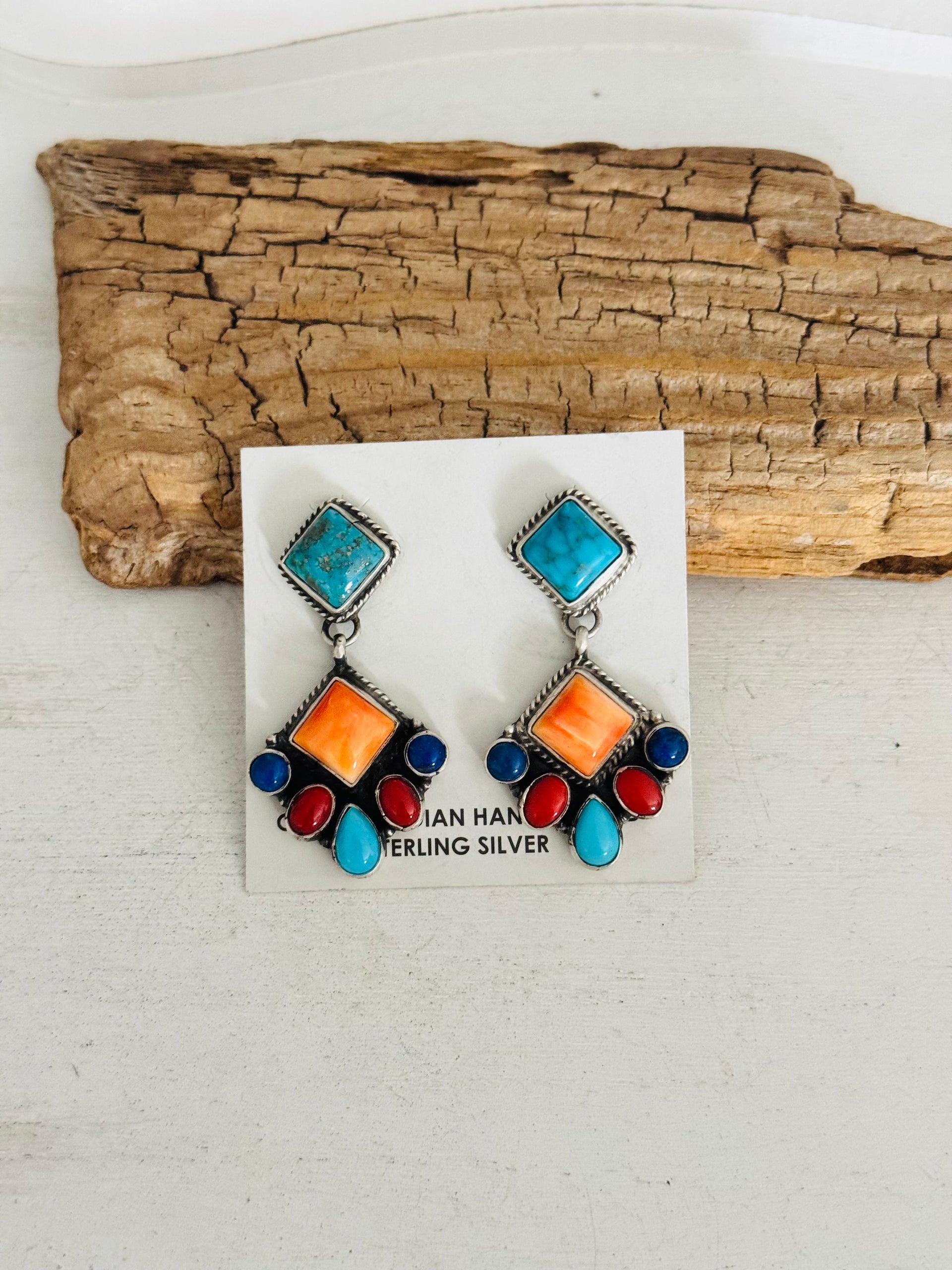 Marcella James Multi Stone & Sterling Silver Post Dangle Cluster Earrings