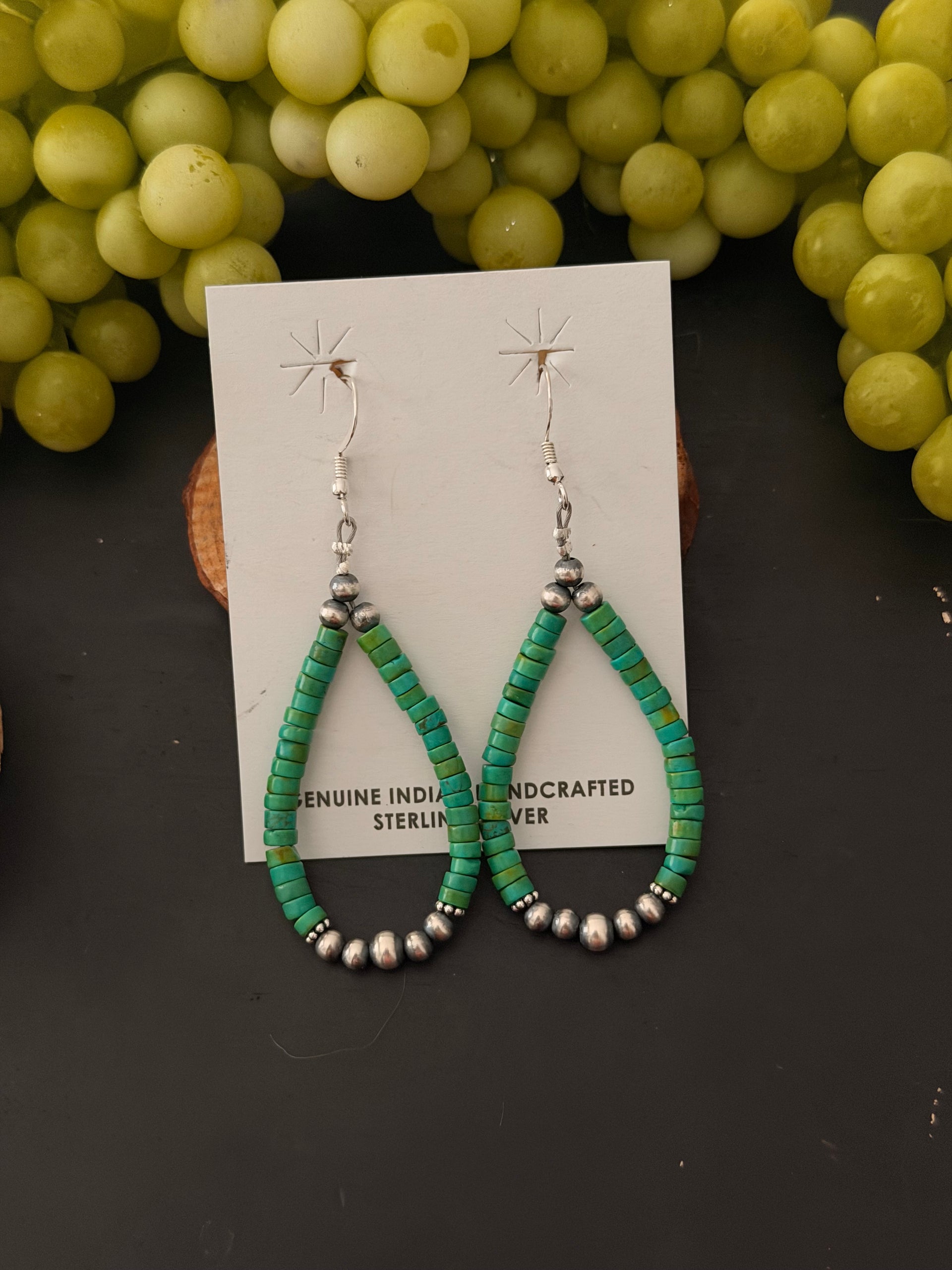 Navajo Made Mohave Turquoise & Sterling Silver Beaded Graduated Pearl Dangle Earrings