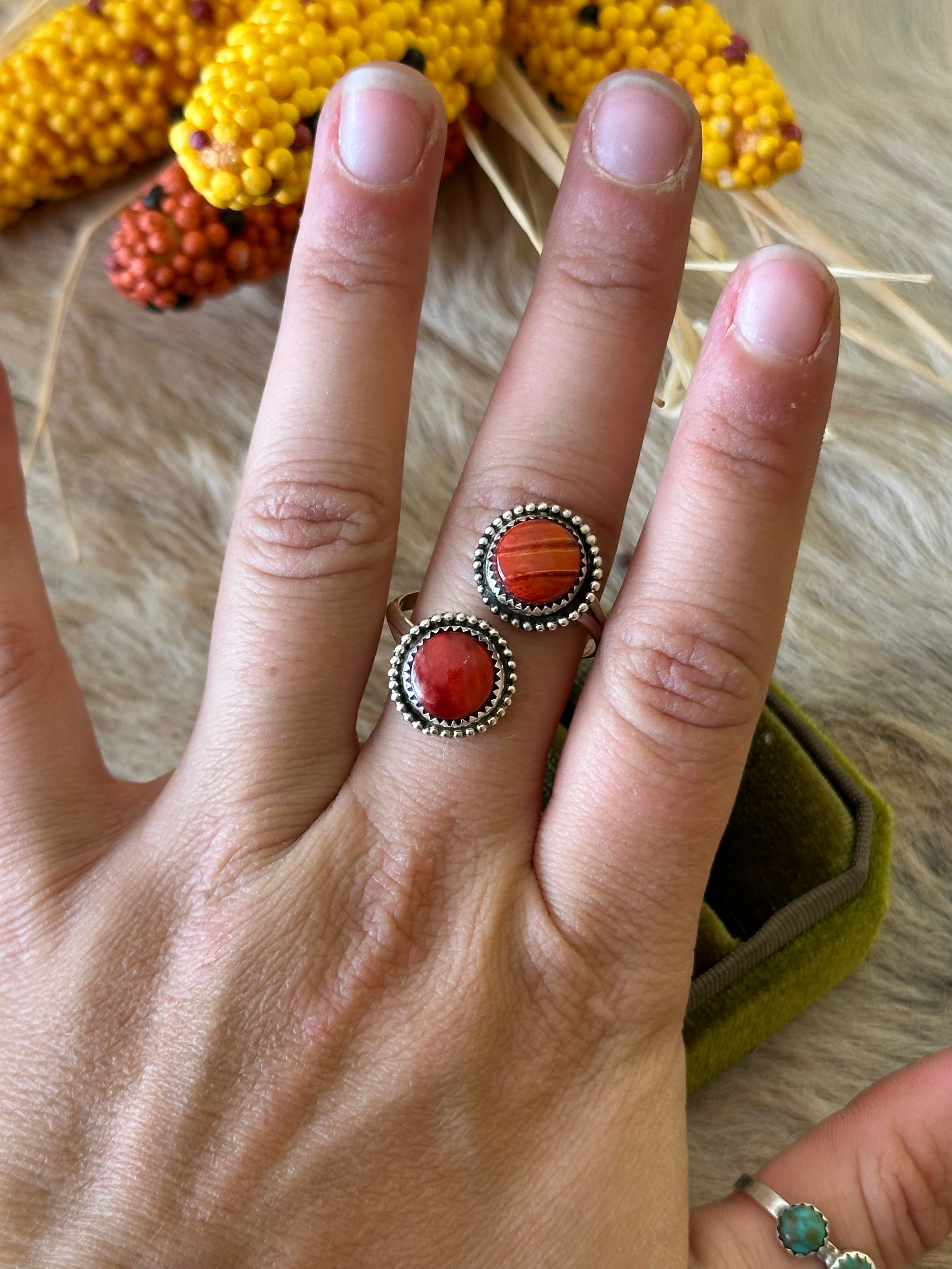 Navajo Handmade Red Spiny Oyster & Sterling Silver Adjustable Ring