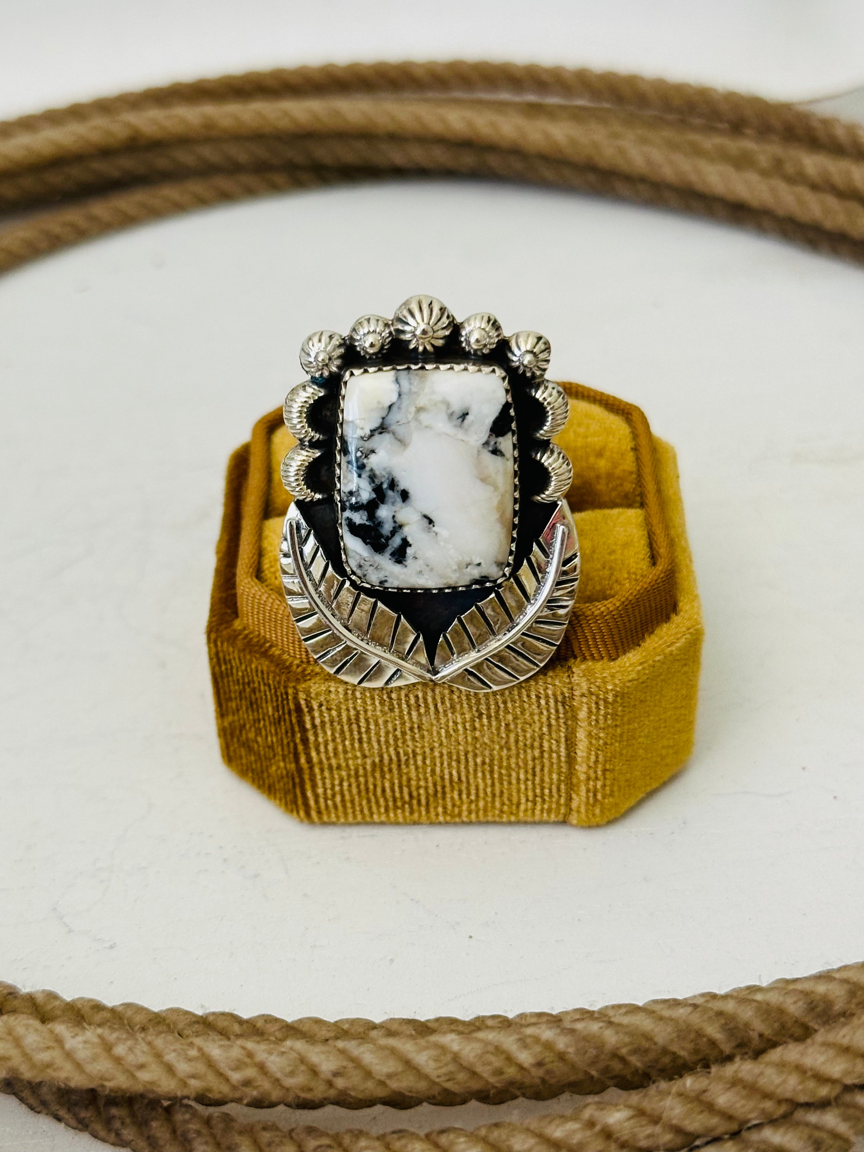 Southwest Handmade White Buffalo & Sterling Silver Adjustable Ring