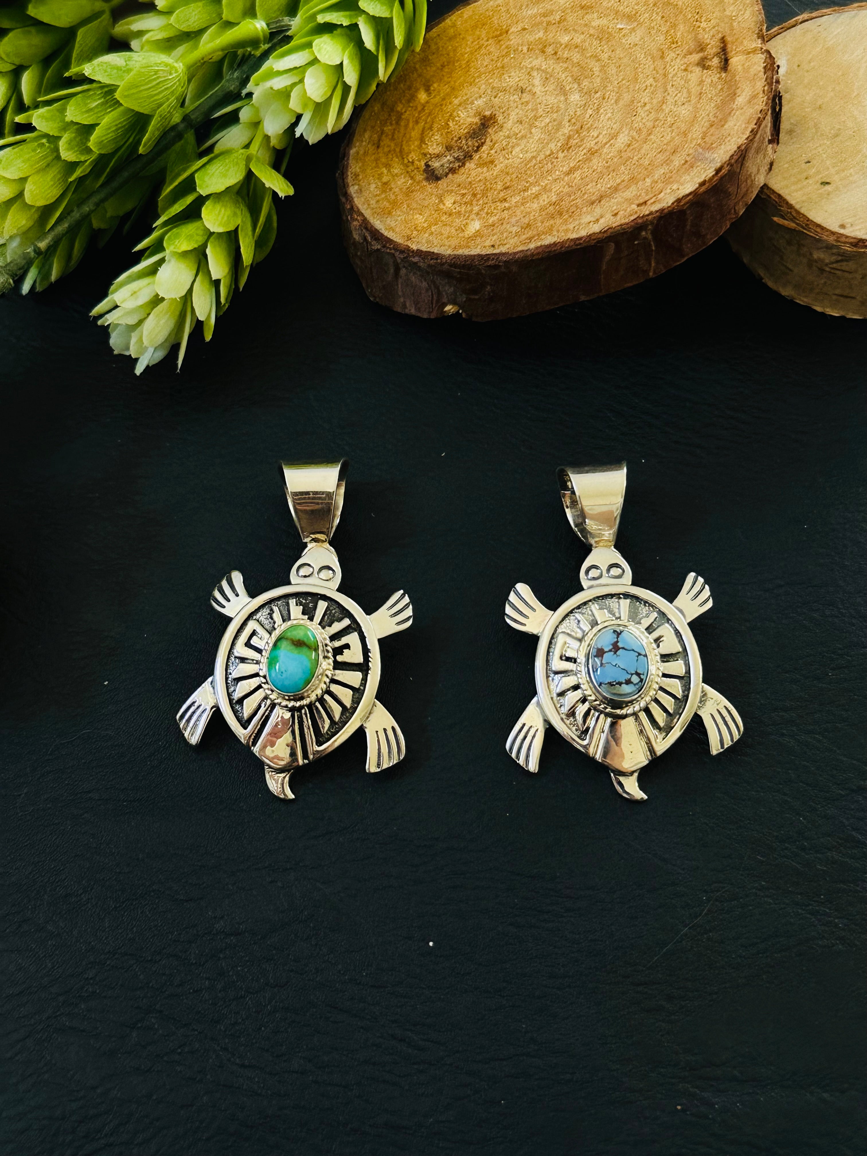 Navajo Handmade Turquoise & Sterling Silver Turtle Pendants