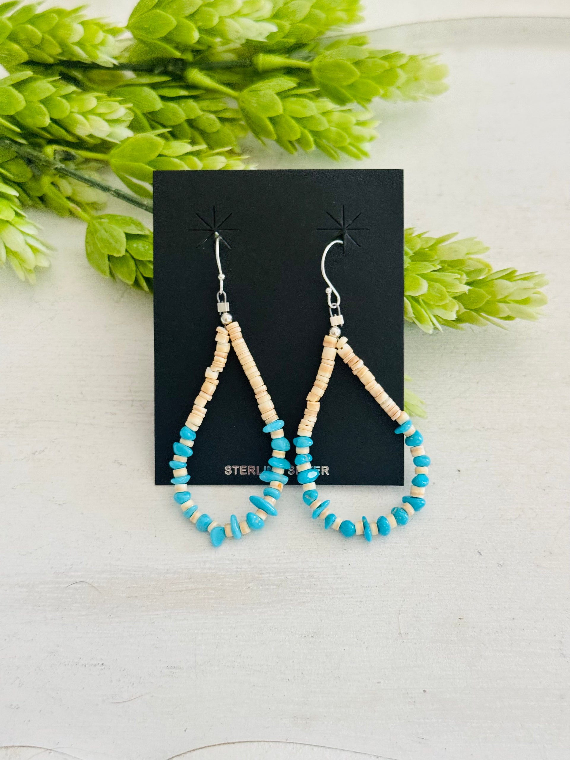 Southwest Strung Kingman Turquoise & Sterling Silver Beaded Heshi Dangle Earrings