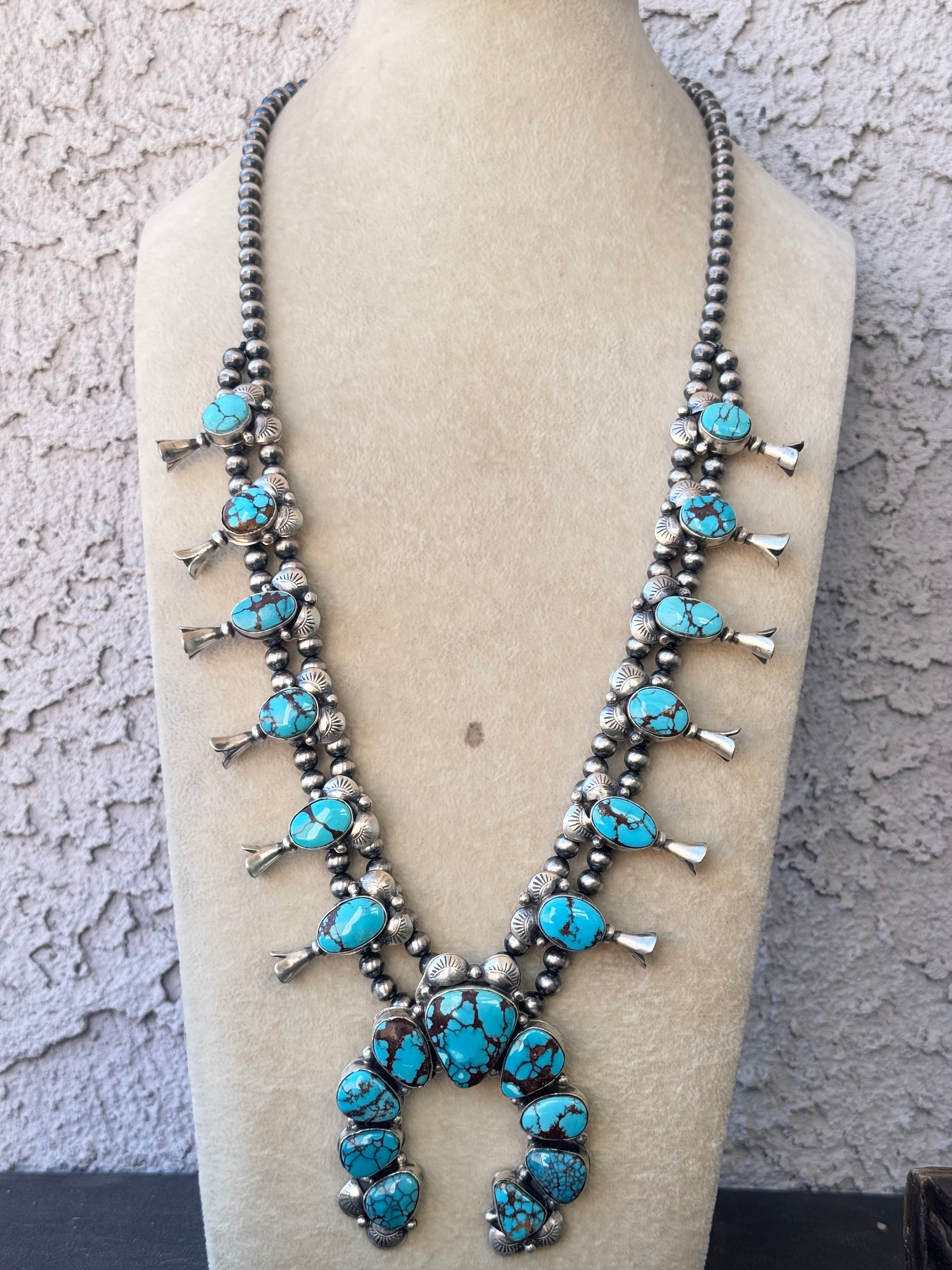 Navajo Made Egyptian Prince Turquoise & Sterling Silver Squash Blossom Necklace Set
