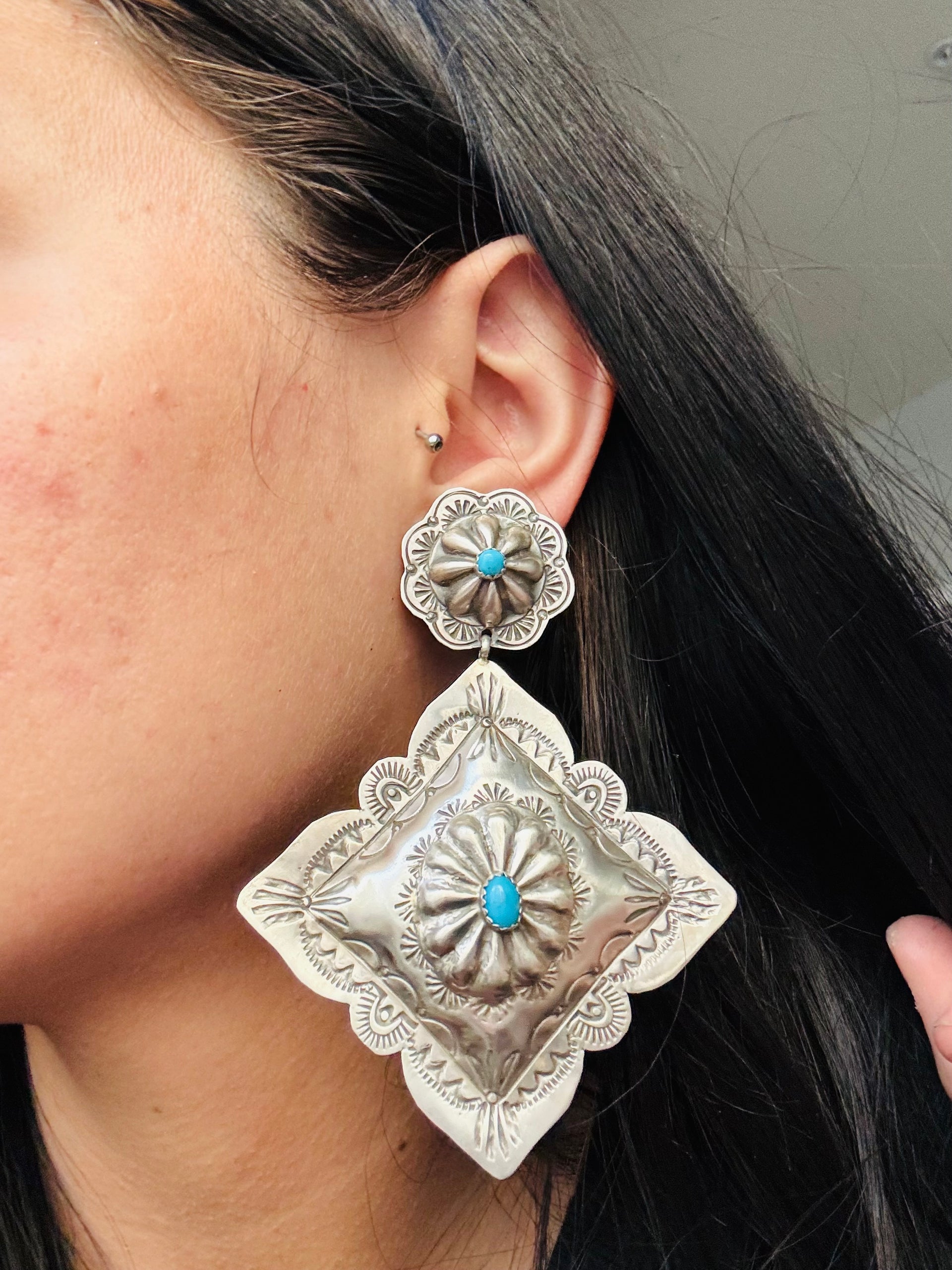 Rita Lee Kingman Turquoise & Sterling Silver Post Dangle Concho Earrings