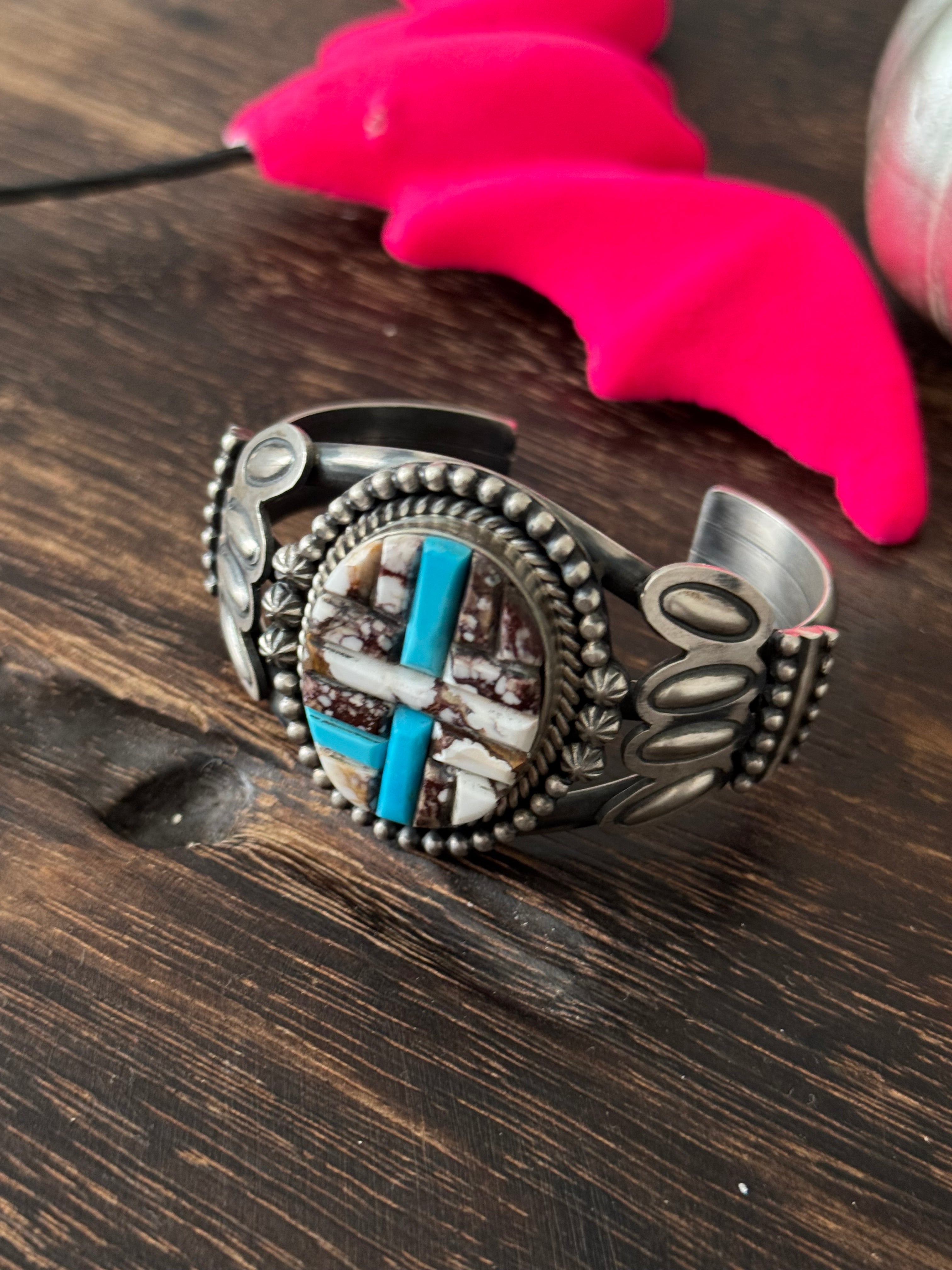 Navajo Made Multi Stone & Sterling Silver Cobblestone Cuff Bracelet