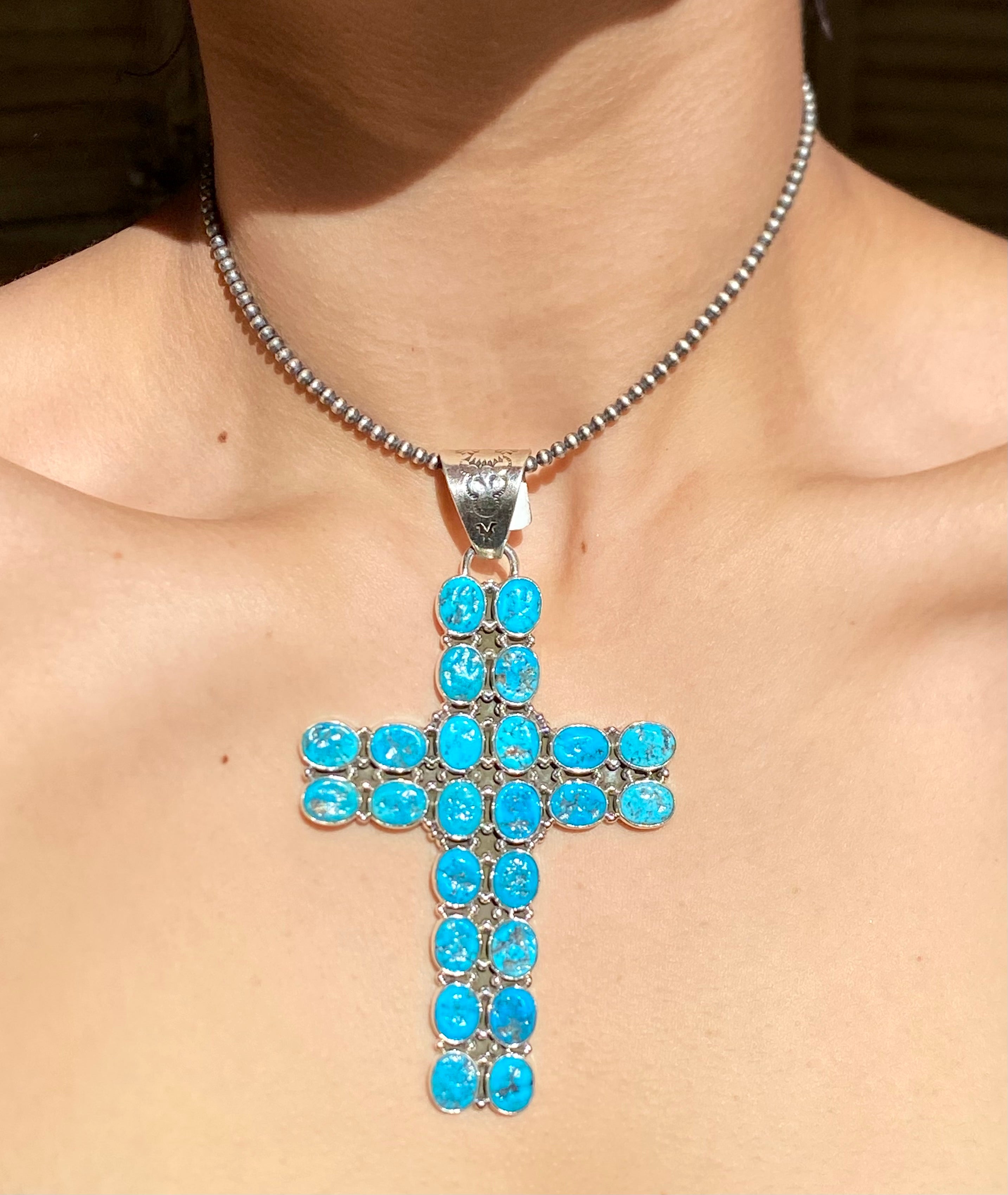 Zia Navajo Made Kingman Turquoise & Sterling Silver Cross PENDANT ONLY