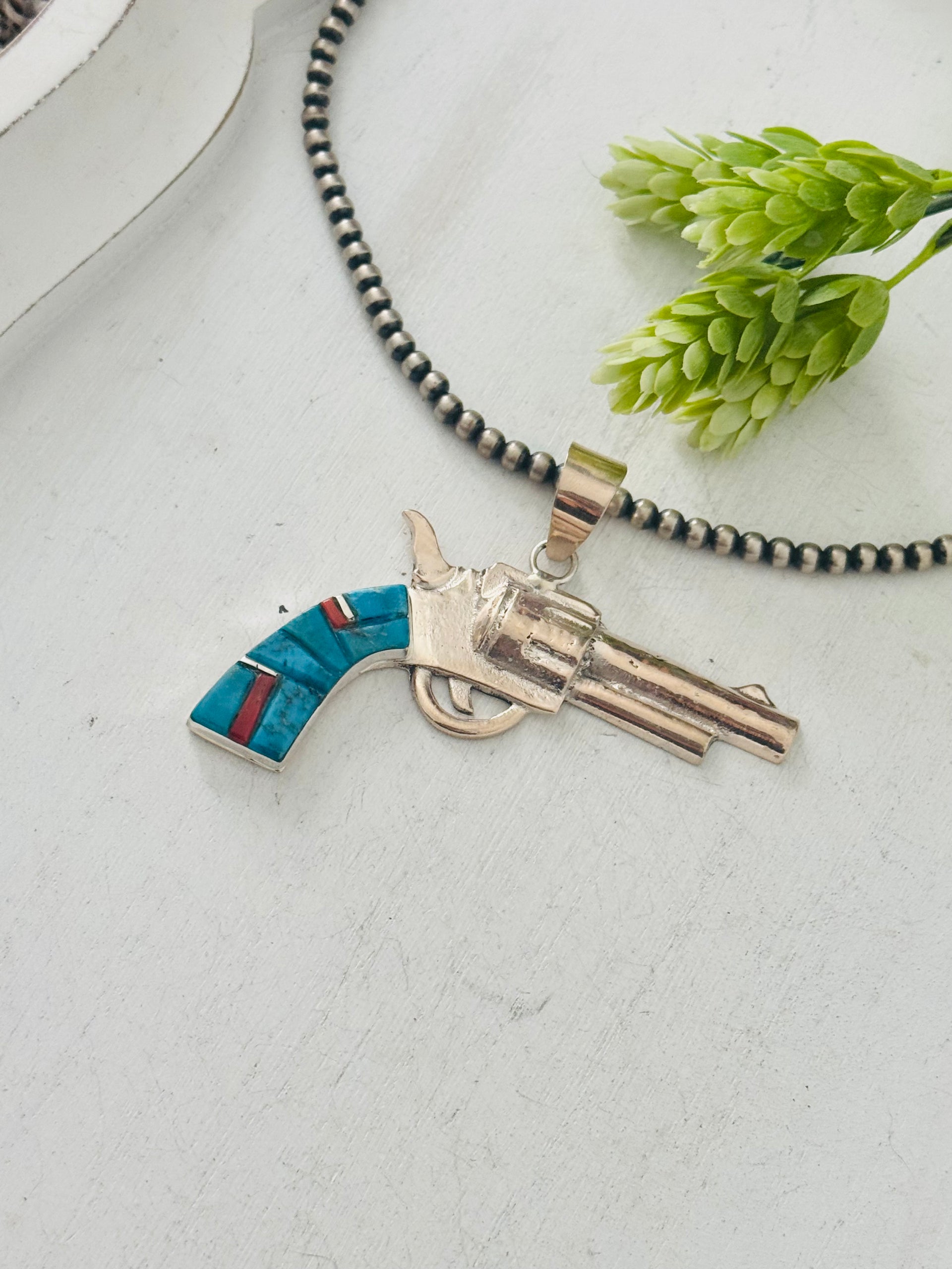 Bobby Mannelito Multi Stone & Sterling Silver Pistol Pendant