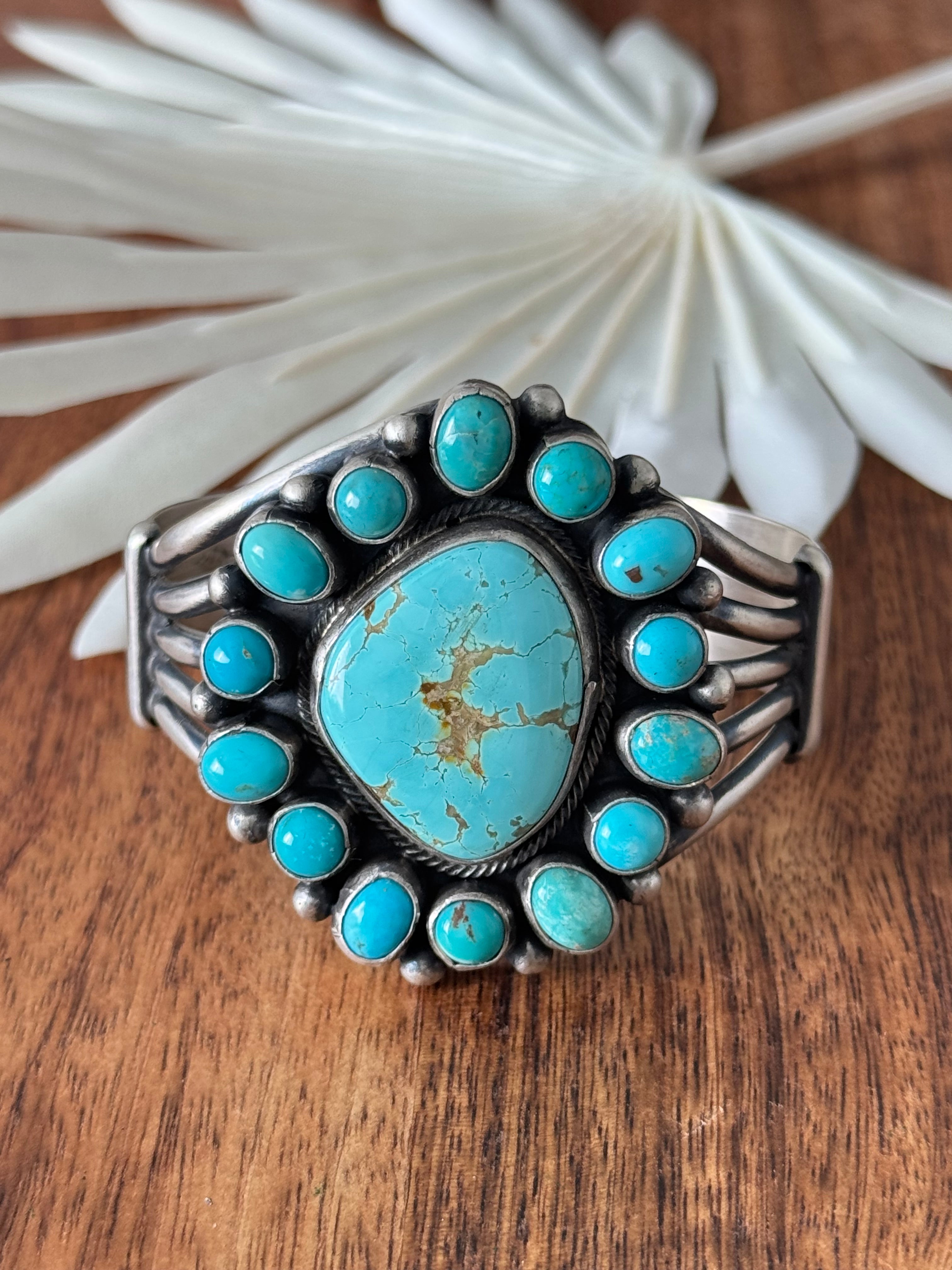 Bobby Johnson Kingman Turquoise & Sterling Silver Cluster Cuff Bracelet