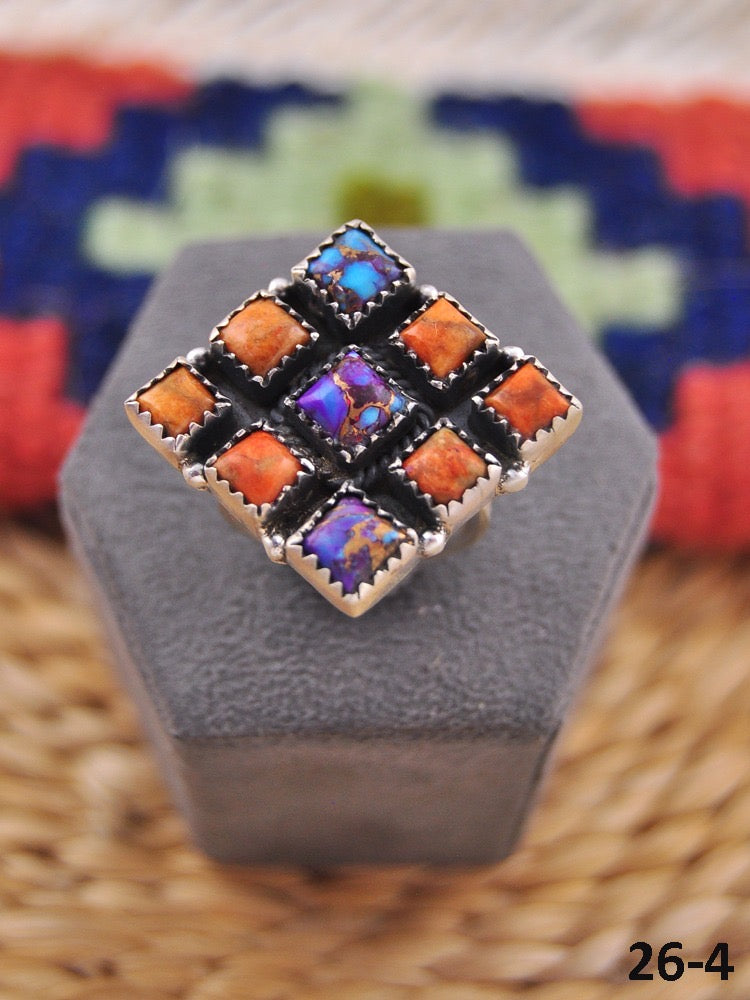 Southwest Made Multi Stone & Sterling Sliver Cluster Adjustable Ring