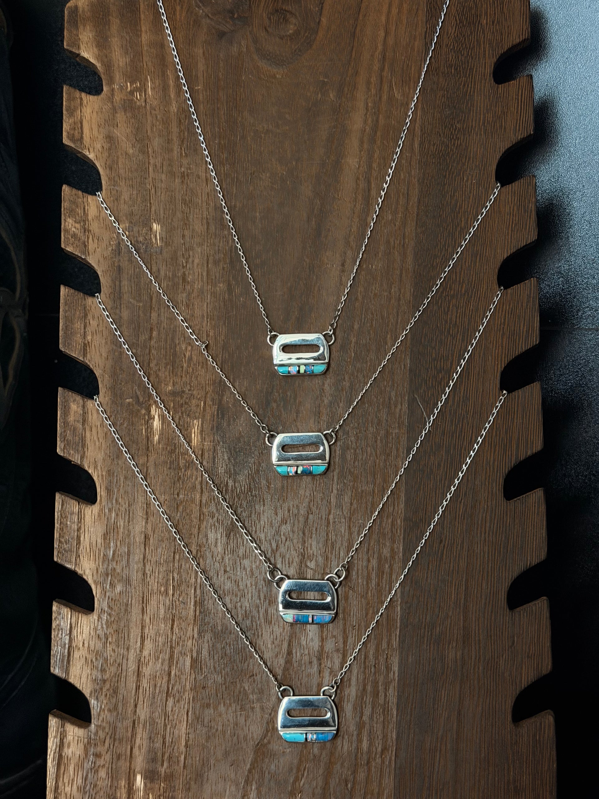 Navajo Made Multi Stone & Sterling Silver Inlay Bar Necklace