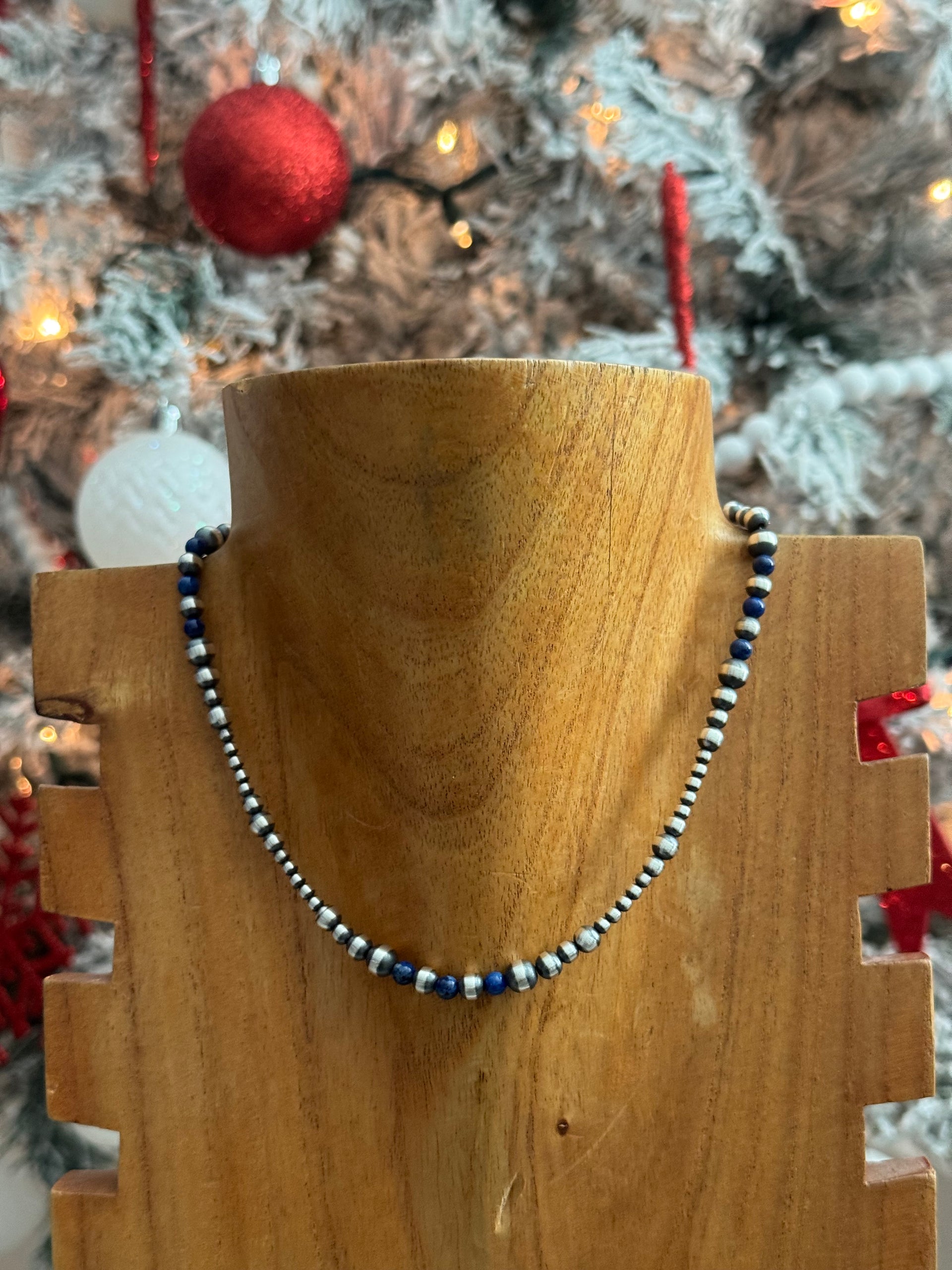 Navajo Strung Lapis & Sterling Silver Graduated Pearl Necklace