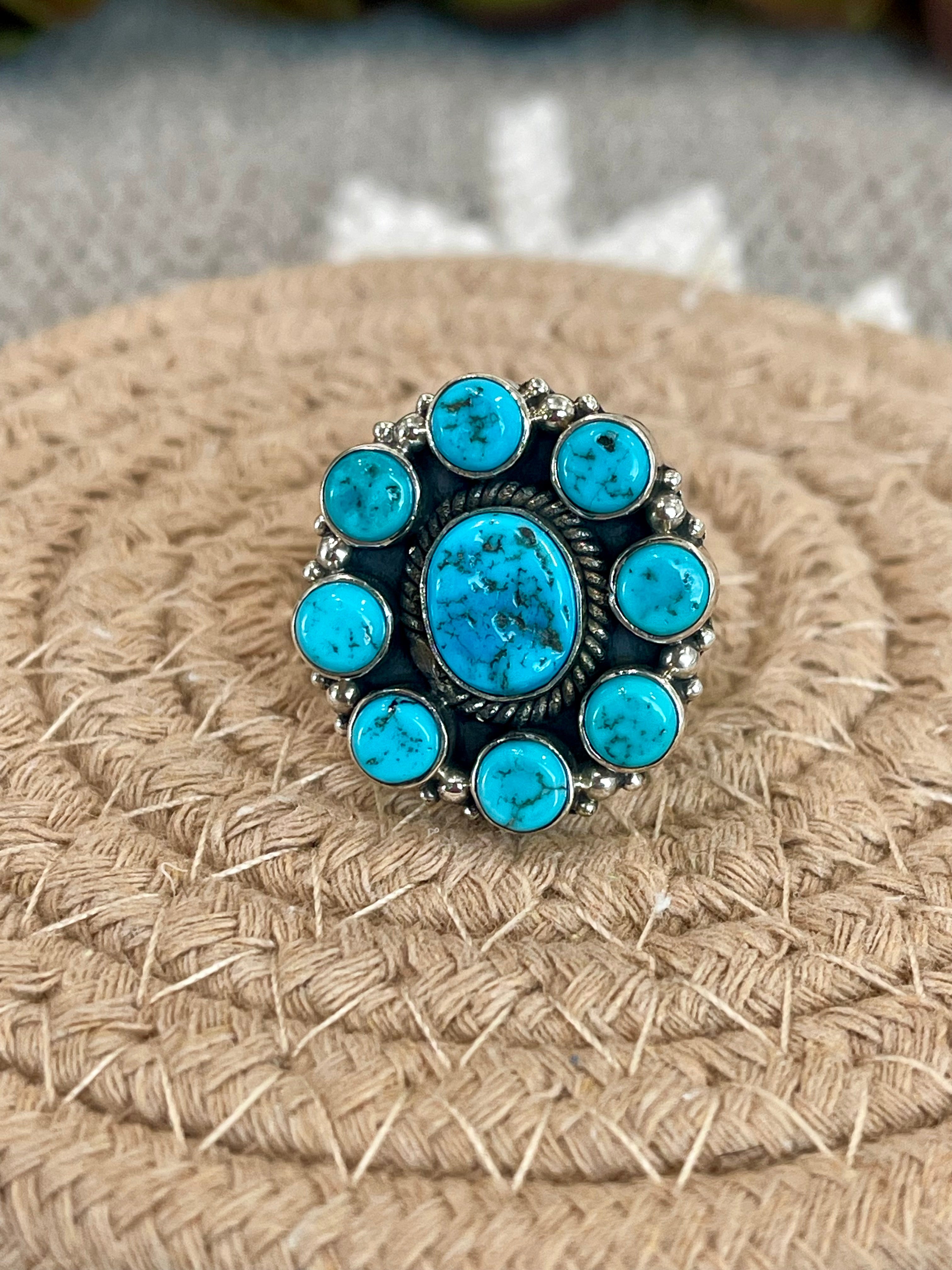 Southwest Handmade Kingman Turquoise & Sterling Silver Size 6.5 Cluster Flower Ring