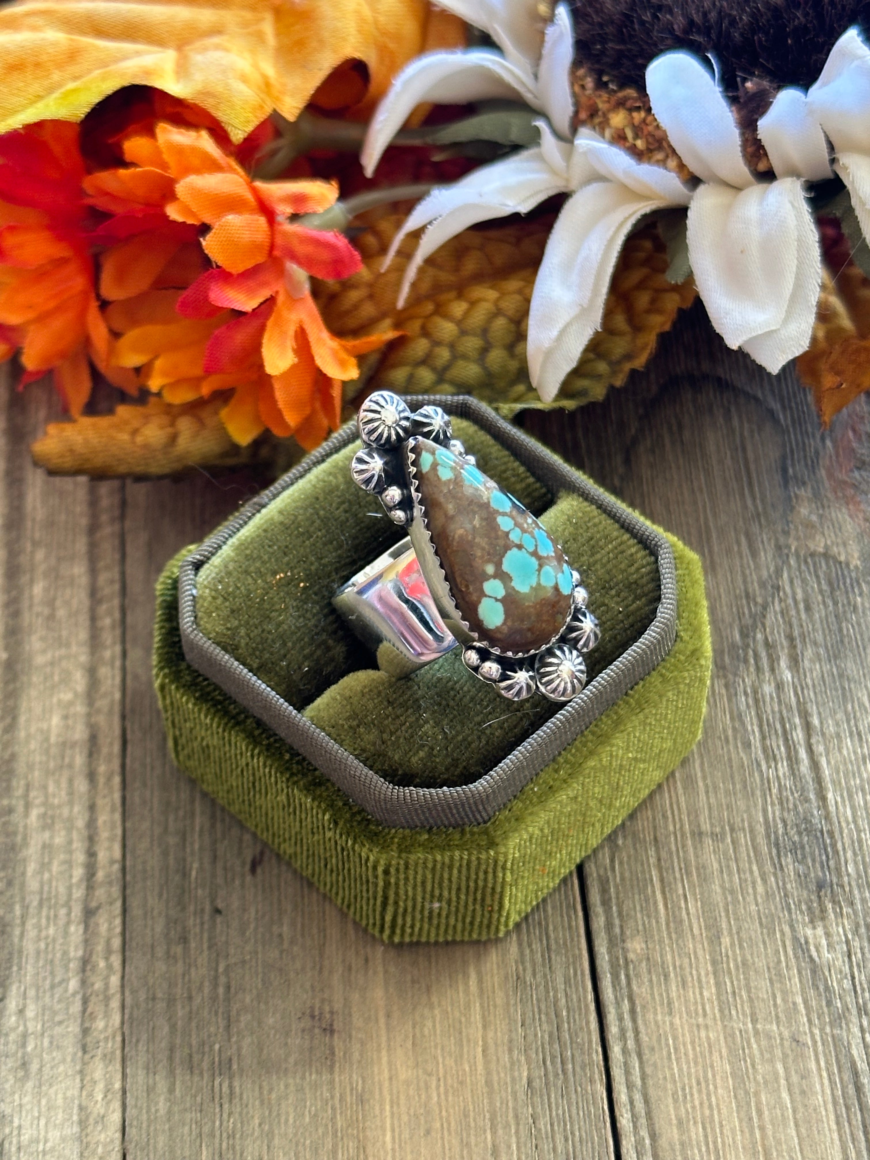 Southwest Handmade #8 Turquoise & Sterling Silver Adjustable Ring