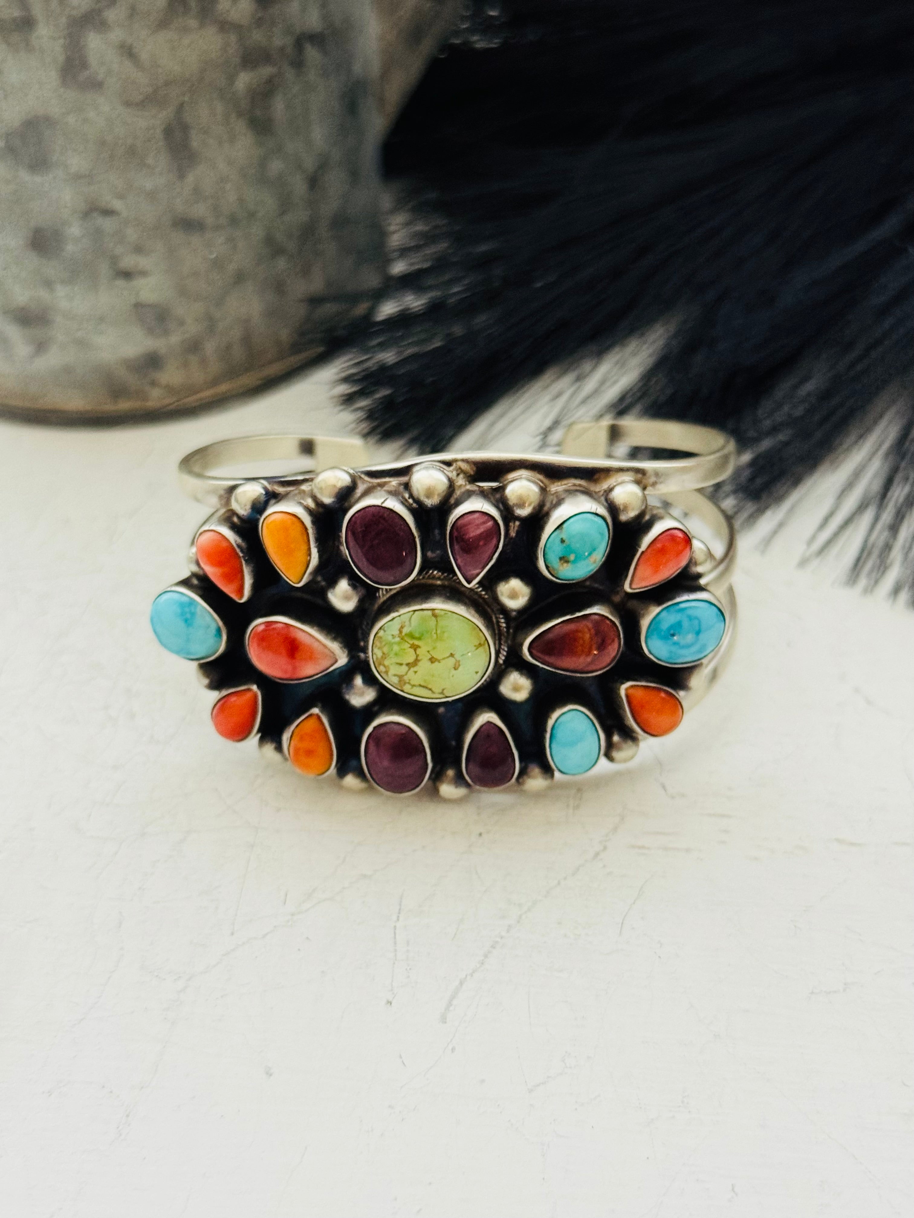 Kathleen Chavez Multi Stone & Sterling Silver Cluster Cuff Bracelet