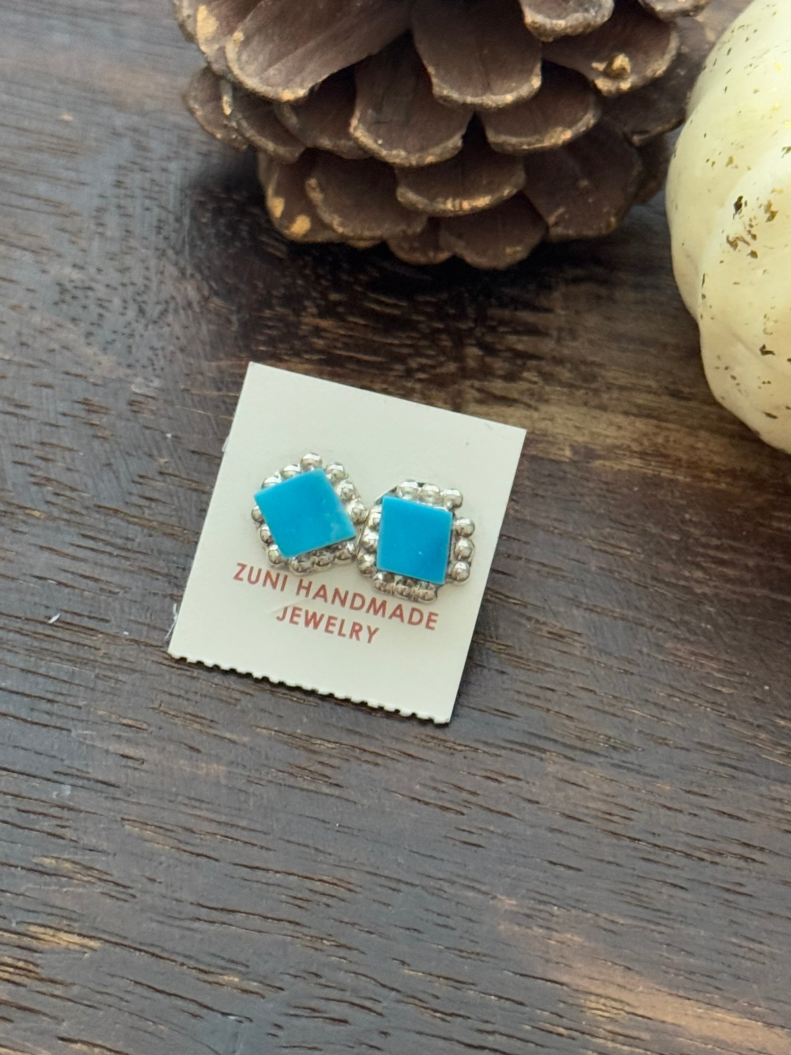 Zuni Made Turquoise & Sterling Silver Inlay Earrings