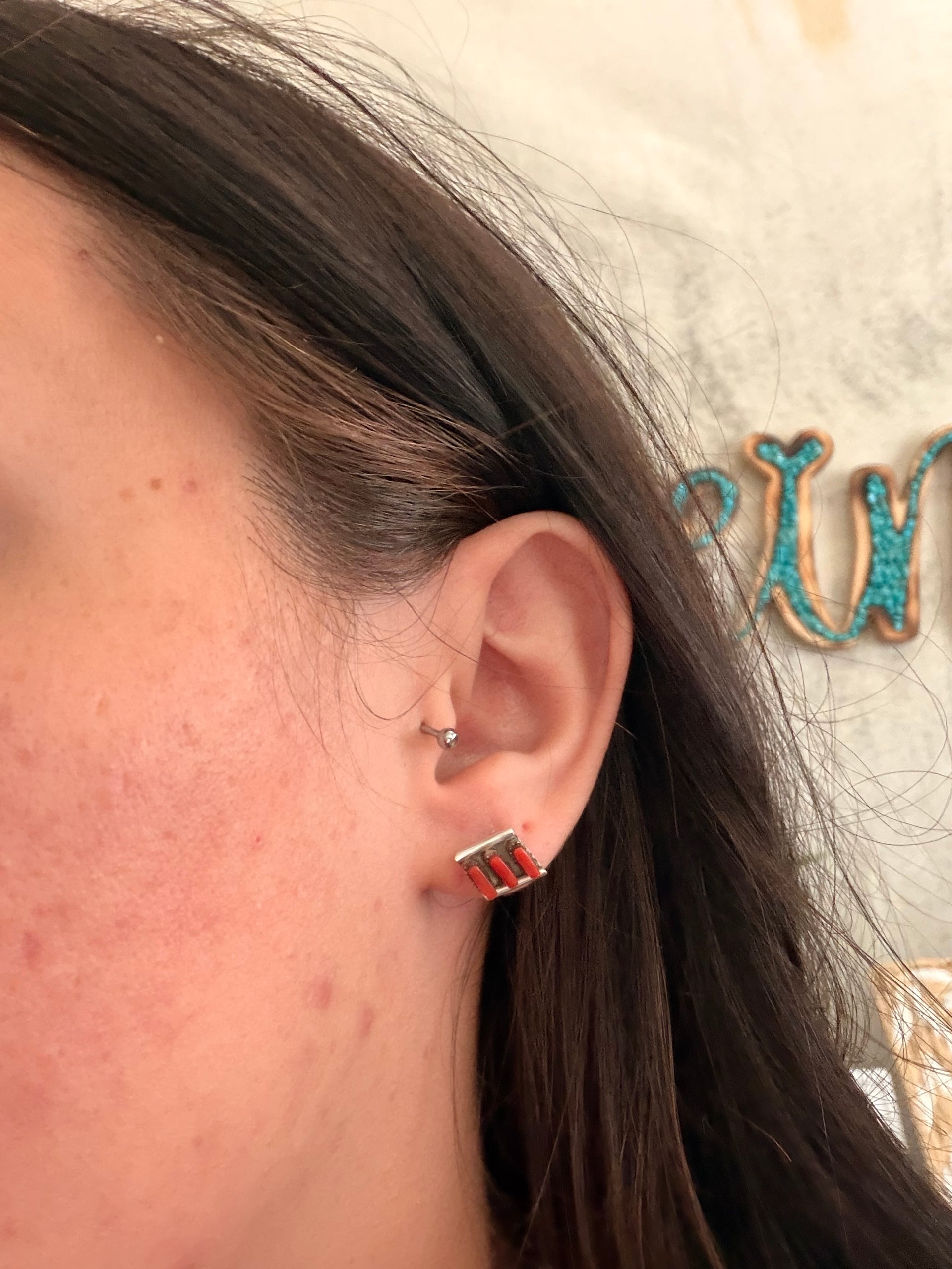 Zuni Made Coral & Sterling Silver Post Cluster Earrings