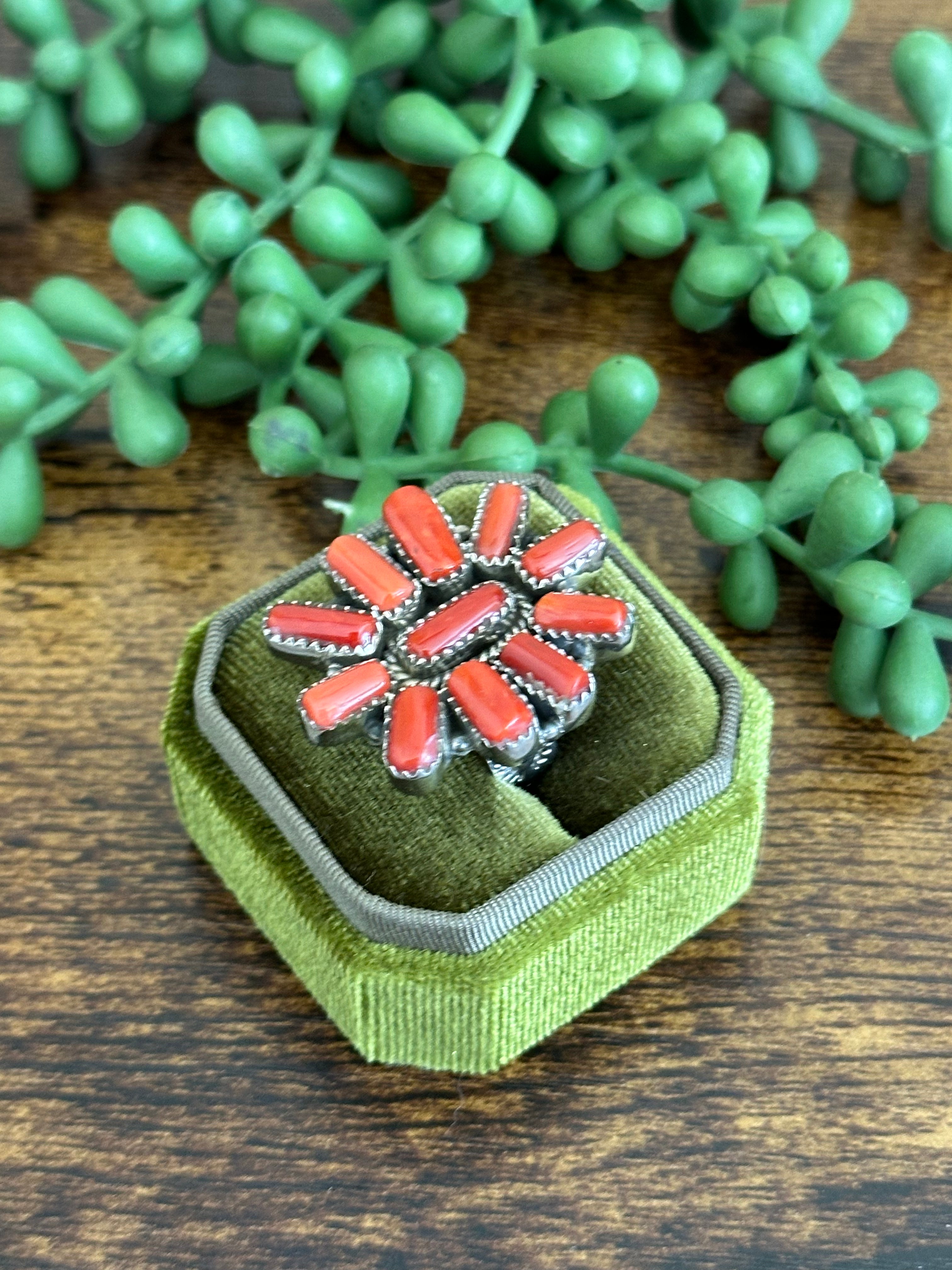 Southwest Handmade Mediterranean Coral & Sterling Silver Adjustable Ring